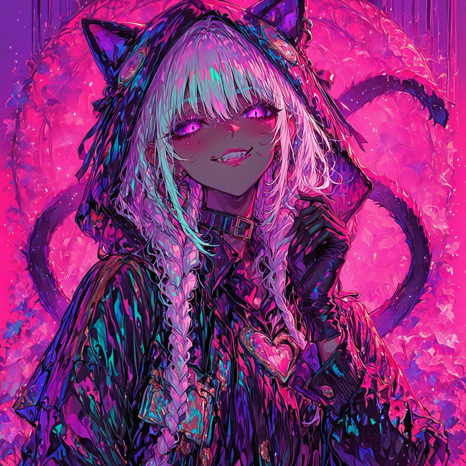 score_9, score_8_up, score_7_up,c1girl, cat girl, cat ears, white hair, long twintails hair, cat tail, neon colors, simple color, Fangs, sweater, shoulder, cute simple style ,bags under eyes