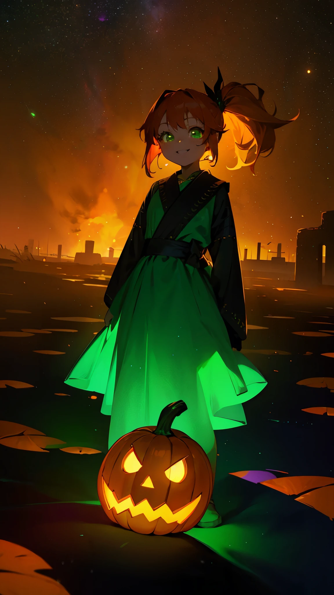 1young girl、Orange Hair、Glowing green eyes、Side Ponytail、jack o lantern、halloween、smile、Colorful starry sky、Iridescent aura、Orange and green colour scheme、Outdoor、Shadow lighting
