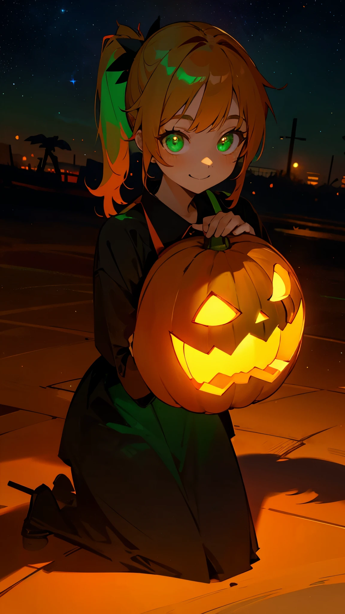 1young girl、Orange Hair、Glowing green eyes、Side Ponytail、jack o lantern、halloween、smile、Colorful starry sky、Iridescent aura、Orange and green colour scheme、Outdoor、Shadow lighting