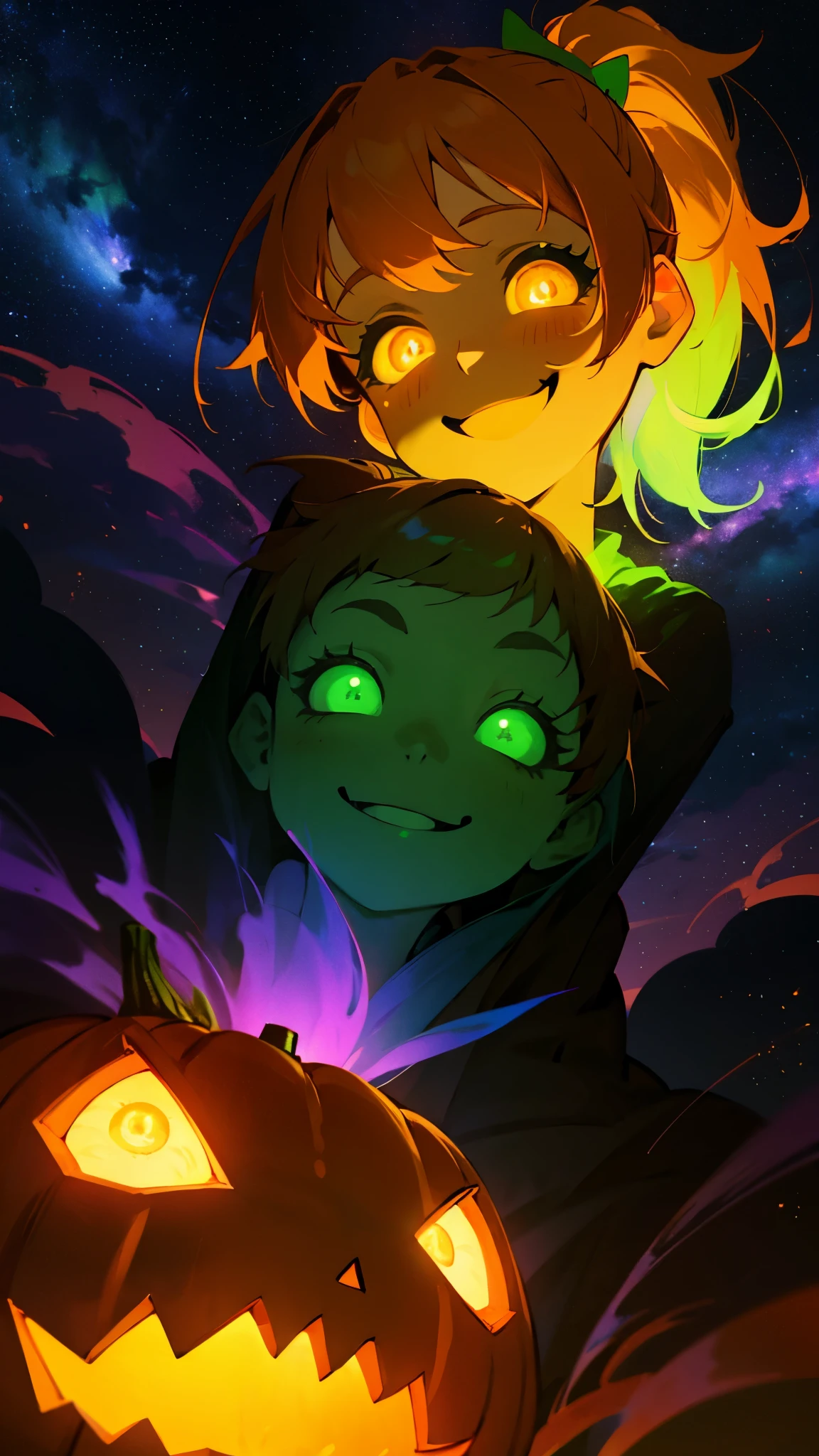 1young girl、Orange Hair、Glowing green eyes、Side Ponytail、jack o lantern、halloween、smile、Colorful starry sky、Iridescent aura、Orange and green colour scheme、Outdoor、Shadow lighting