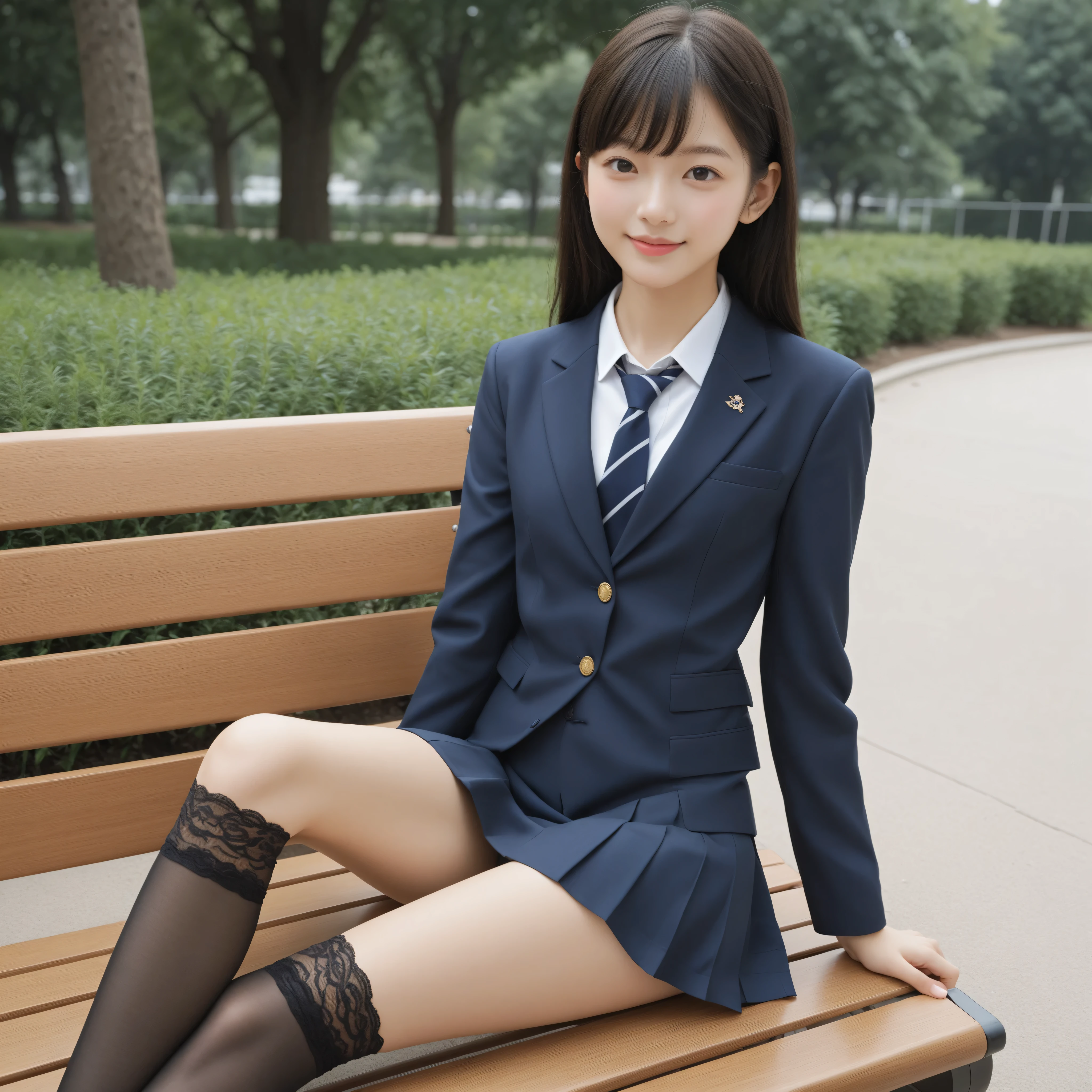 ((かわいいyounger女の子:1.2)),slender,Rating_Safety,short,(skinny:1.5),slender,slender body,younger,score_7_ up,score_8_ up,score_9,navy breetz skirt,realistic,and have clean arms and well-groomed fingers that can be seen from the front,shot from the ground,School Uniform,small breasts,japanese,(white skin:1.0),(smile Yang:0.7),thin legs,navy long sleeve blazer,Narrow Shoulder,sitting cross-legged,(my left hand is touching my :1.4),Black Loafers