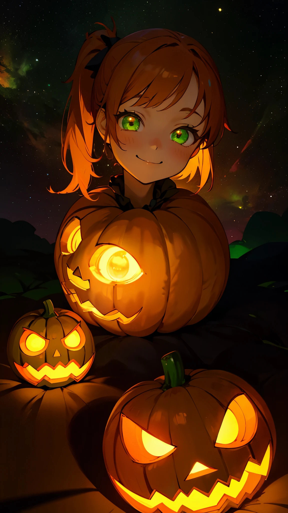 1young girl、Orange Hair、Glowing green eyes、Side Ponytail、jack o lantern、halloween、smile、Colorful starry sky、Iridescent aura、Orange and green colour scheme、Outdoor、Shadow lighting