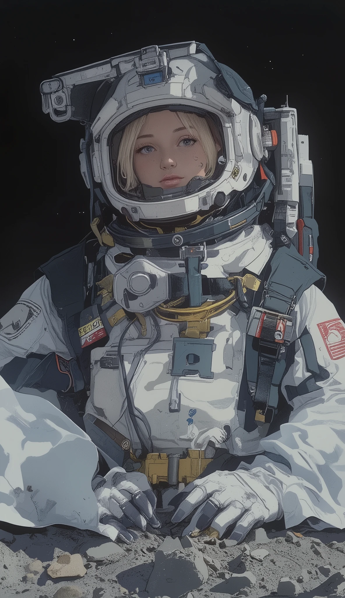空中に浮かぶSpace Suitを着た女性の漫画, girl In space, Molly in space , woman astronaut, In spacesuit, clothed In space suit, Space Suit, with a space suit on, Space Suitを着て, astronaut, lonely astronaut, astronaut stranded on planet, wears a Space Suit, an astronaut, In space, Floating in Outer Space