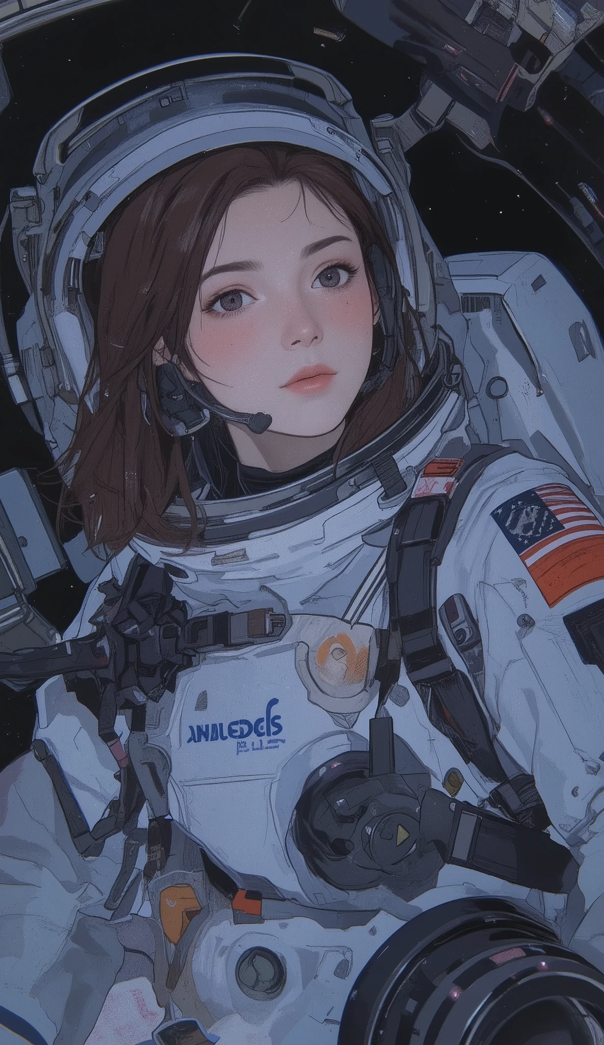 空を飛ぶSpace Suitを着た女性の漫画イラスト, girl In space, Molly in space , In space, Portrait anime space cadet girl, outer space, flying In space, female astronaut, Space Travel, Space Suit, In spacesuit, is flying through space, Rory Gracley style, with a space suit on, Spacewalk