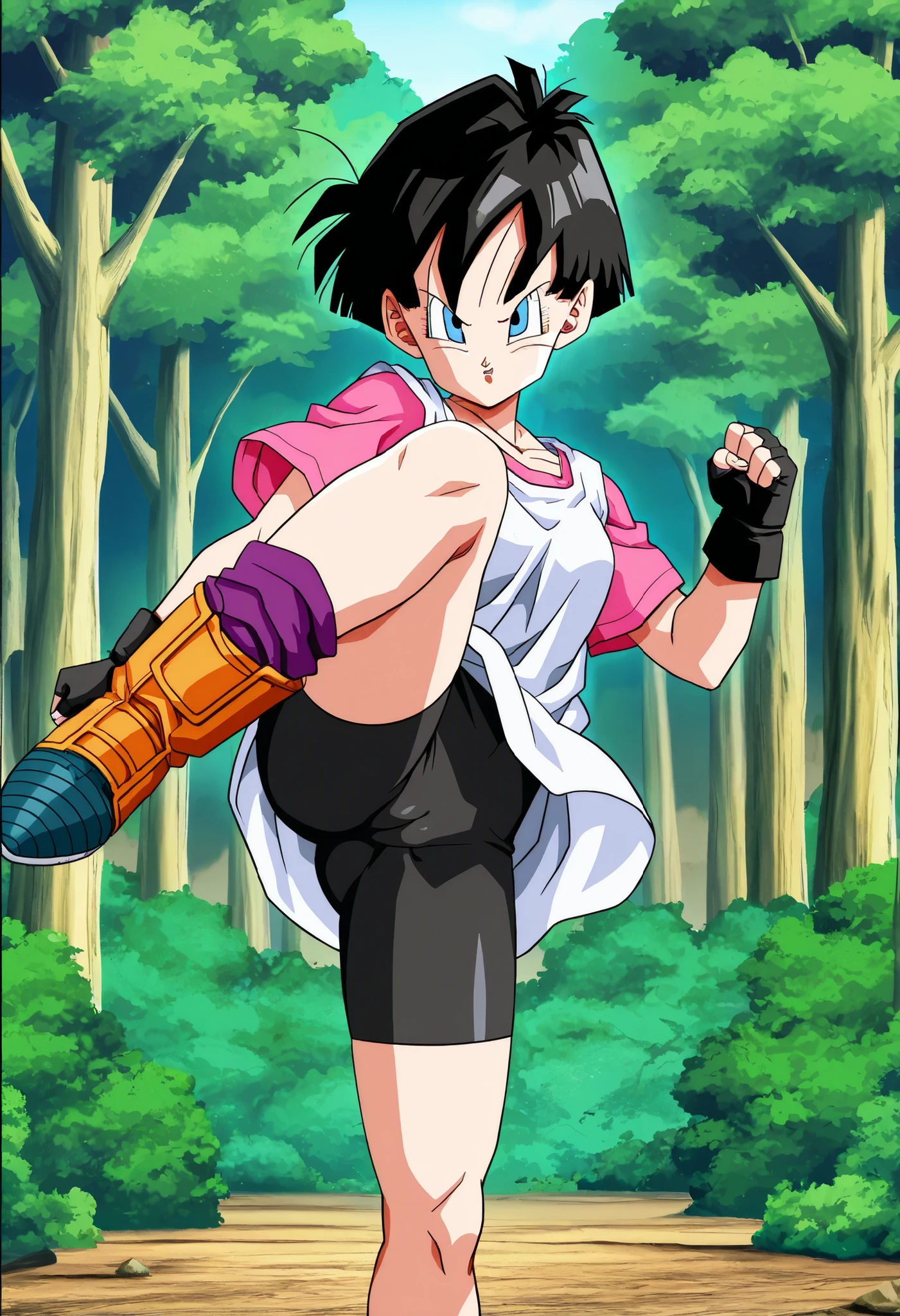 score_9, score_8_up, score_7_up,anime_screenshot,OFFICIAL ART,anime coloring, official anime artwork, screencap, anime screencap,uncensored,Masterpiece,high quality,high image quality,pretty finger,detailed face,DragonBall style,BREAK,1girl,solo,v1del, black hair, short hair, blue eyes,white shirt, pink shirt, short sleeves, black gloves, fingerless gloves, bike shorts,cameltoe, socks, boots,BREAK,fighting viewer,standing,dynamic pose, one knee raise, knee kick, side kick ,BREAK,in heat,aroused,BREAK,outdoor,forest,looking viewer,cowboy shot,from forward
