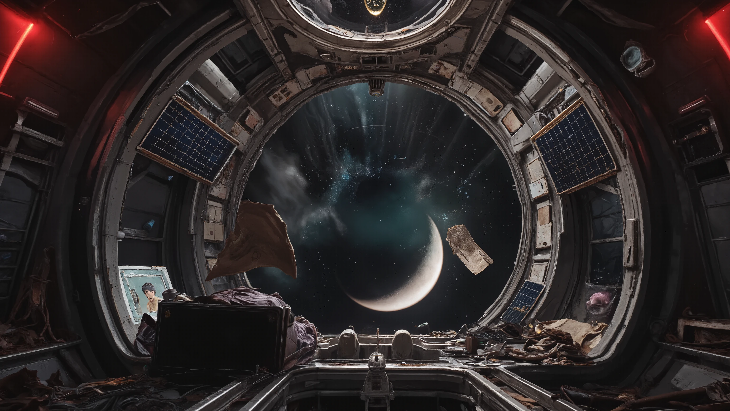 Derelict orbital habitat with Earth's crescent visible through a cracked observation dome, emergency lights casting red glow across abandoned living quarters. Personal belongings float weightlessly - a photograph, a coffee mug, playing cards - telling stories of the former inhabitants. Solar panels damaged and partially detached, slowly rotating in the vacuum. Photorealistic rendering with cinematic framing, extreme detail in textures, ray-traced shadows, volumetric light beams, award-winning composition, HDR lighting.