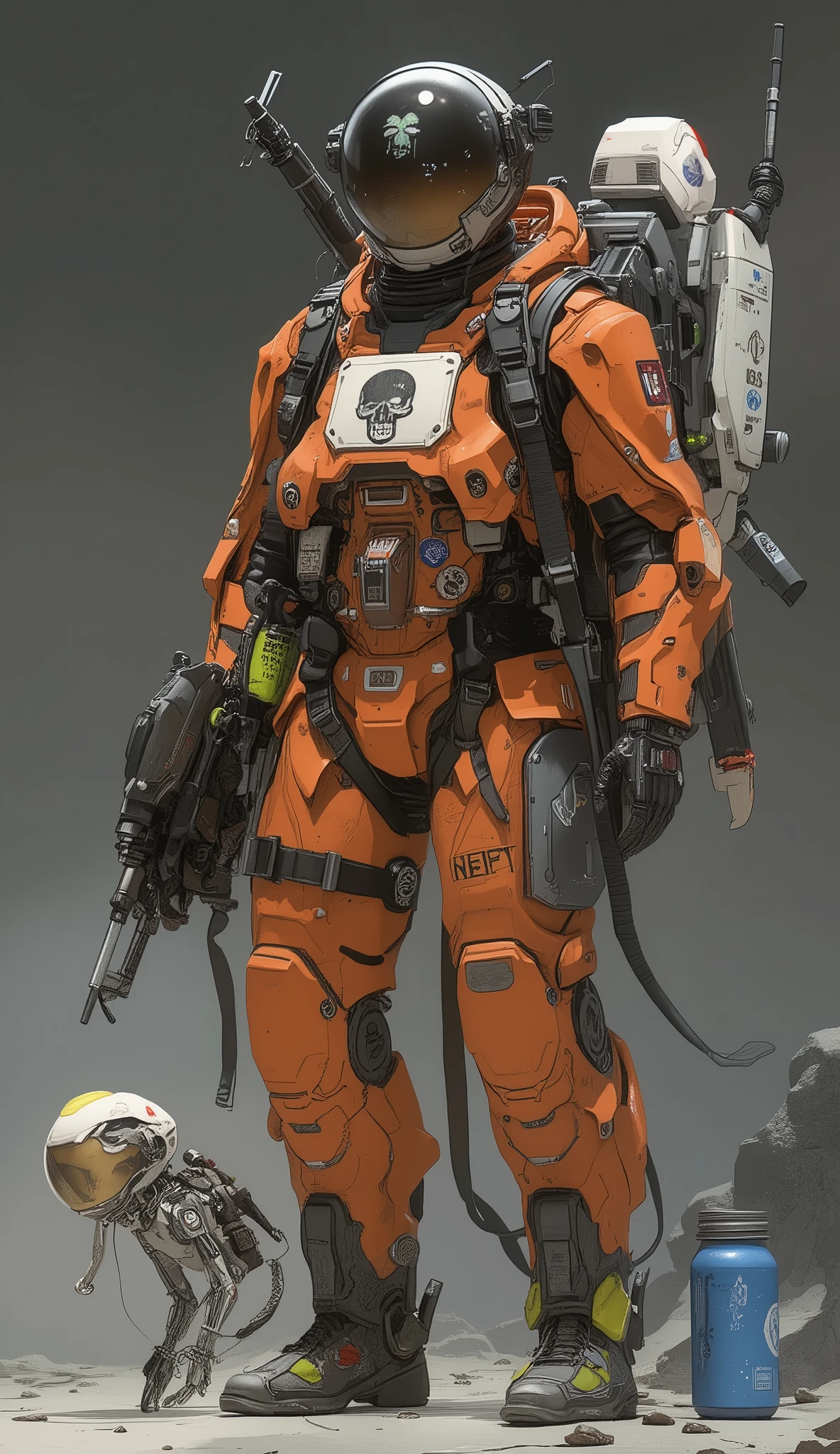 are detailed with patches and logo insignia、components such as thrusters and antennas. the suit, label containing a large skull emblem on the chest Includes a panel with, scene with a silver flower motif , Adventurous characters. conveys a sense of exploration and preparation for the unknown, The suit is decorated with various gadgets "NEPT," complex weapon with green accents. The figure is wearing a large, adds depth and dimension to a bold, emphasizes readiness for action. The elaborate jet pack, Blue Shining Energy, is attached to the back, that stand out greatly on a neutral gray background, futuristic figures in bright orange spacesuits. x} A small drone or robot companion is hovering nearby, is housed in a transparent dome and. The lighting is well-balanced, emphasizes technical themes while enhancing the texture and color of the suit、It casts subtle shadows 、 It adds depth and three-dimensionality to the scene . has an overall vibe、is equipped with elements that suggest a variety of functions.