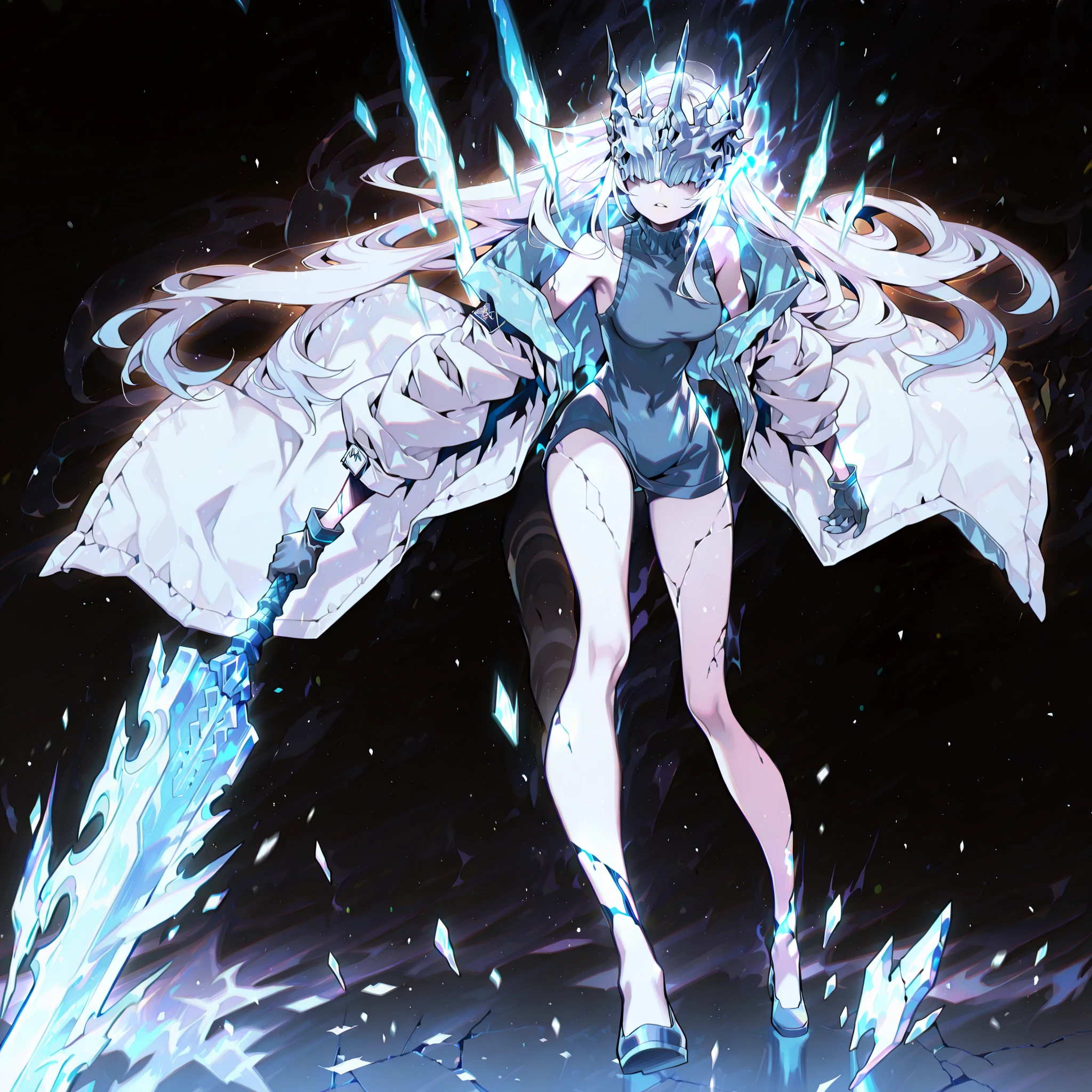 Alone, 1 girl, solitary female character, a young teenager about 1.5 meters tall. She stands alone against a deep black background, making her stand out vividly. Her physique and height are exactly like Terakomari Gandesblood from The Vexations of a Shut-In Vampire Princess.
She has long white hair, just like Konno Yuuki from Sword Art Online. The hair is styled in a Shikei style.
Clothing:
Her eyes are completely hidden behind a silver mask with the same design as the Frost Queen’s mask from Return of the Frozen Player. A silver mask identical to the Frost Queen’s mask from Return of the Frozen Player. A silver mask identical to the Frost Queen’s mask from Return of the Frozen Player. The mask covers the eyes. The mask covers the eyes. The mask covers the eyes. The mask covers the eyes.
She wears a black turtleneck sweater that extends halfway down her thighs. Her thighs and legs are exposed. The most important feature is her white coat with blue accents—identical in every detail to Amiya’s coat from Arknights: the same fabric, cut, blue highlights, length, hood design, zippers, and proportions (but entirely white). The coat fits perfectly, without slipping down the shoulders and arms.. Gloves like Amiya's from Arknights
Pose and Expression:
Black background, pose, wide , , slim waist, short body. She is a young girl conjuring a large white flame in one hand while holding an immense white greatsword with golden details in the other. The massive greatsword appears to be made of stone, with several cracks running along its broad, heavy blade, from which condensed energy radiates. Energy flows visibly from the cracks of the massive sword. In her left hand, she holds a ball of bright white and blue
Atmosphere and Style:
Youthful energy. Ultra-detailed, sharp, clean anime style. Deep black background with cinematic lighting emphasizing her short stature and powerful aura. Perfect image, perfect face, perfect eyes, hair is styled in a Shikei style.
