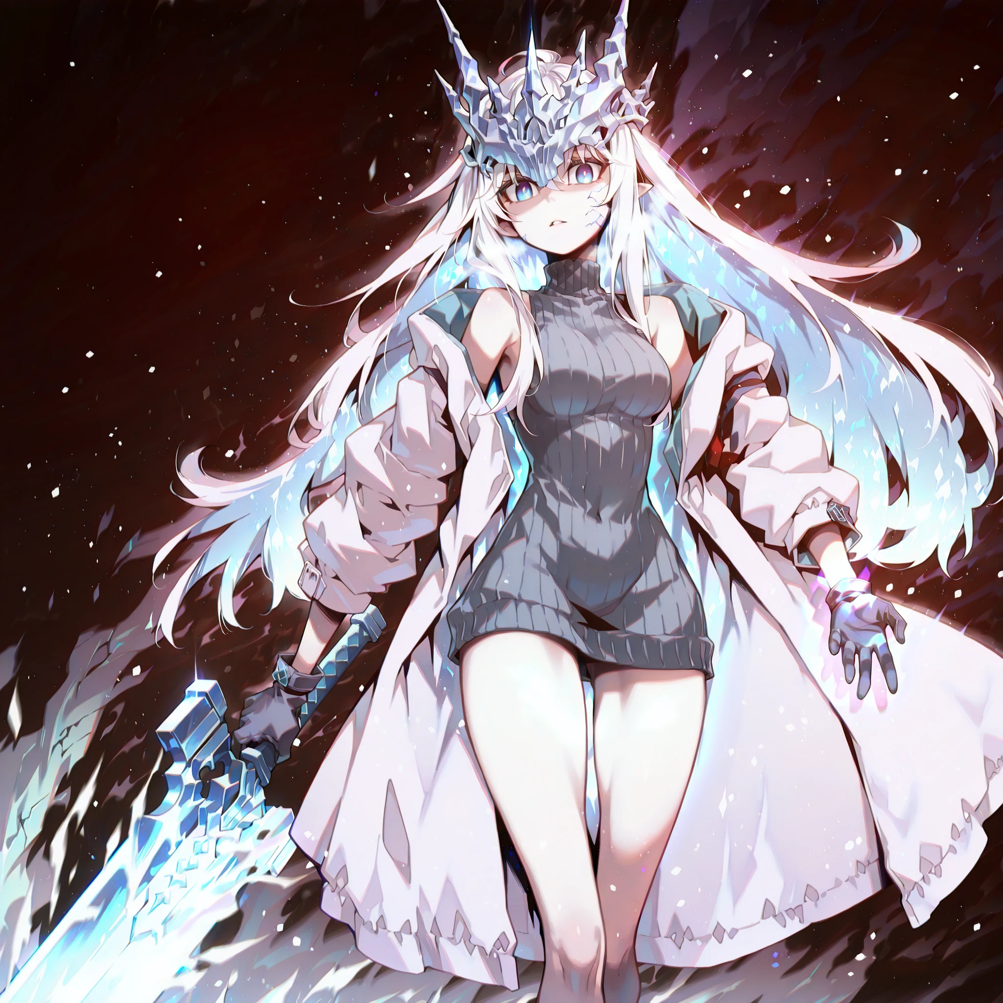 Alone, 1 girl, solitary female character, a young teenager about 1.5 meters tall. She stands alone against a deep black background, making her stand out vividly. Her physique and height are exactly like Terakomari Gandesblood from The Vexations of a Shut-In Vampire Princess.
She has long white hair, just like Konno Yuuki from Sword Art Online. The hair is styled in a Shikei style.
Clothing:
Her eyes are completely hidden behind a silver mask with the same design as the Frost Queen’s mask from Return of the Frozen Player. A silver mask identical to the Frost Queen’s mask from Return of the Frozen Player. A silver mask identical to the Frost Queen’s mask from Return of the Frozen Player. The mask covers the eyes. The mask covers the eyes. The mask covers the eyes. The mask covers the eyes.
She wears a black turtleneck sweater that extends halfway down her thighs. Her thighs and legs are exposed. The most important feature is her white coat with blue accents—identical in every detail to Amiya’s coat from Arknights: the same fabric, cut, blue highlights, length, hood design, zippers, and proportions (but entirely white). The coat fits perfectly, without slipping down the shoulders and arms.. Gloves like Amiya's from Arknights
Pose and Expression:
Black background, pose, wide , , slim waist, short body. She is a young girl conjuring a large white flame in one hand while holding an immense white greatsword with golden details in the other. The massive greatsword appears to be made of stone, with several cracks running along its broad, heavy blade, from which condensed energy radiates. Energy flows visibly from the cracks of the massive sword. In her left hand, she holds a ball of bright white and blue
Atmosphere and Style:
Youthful energy. Ultra-detailed, sharp, clean anime style. Deep black background with cinematic lighting emphasizing her short stature and powerful aura. Perfect image, perfect face, perfect eyes, hair is styled in a Shikei style.