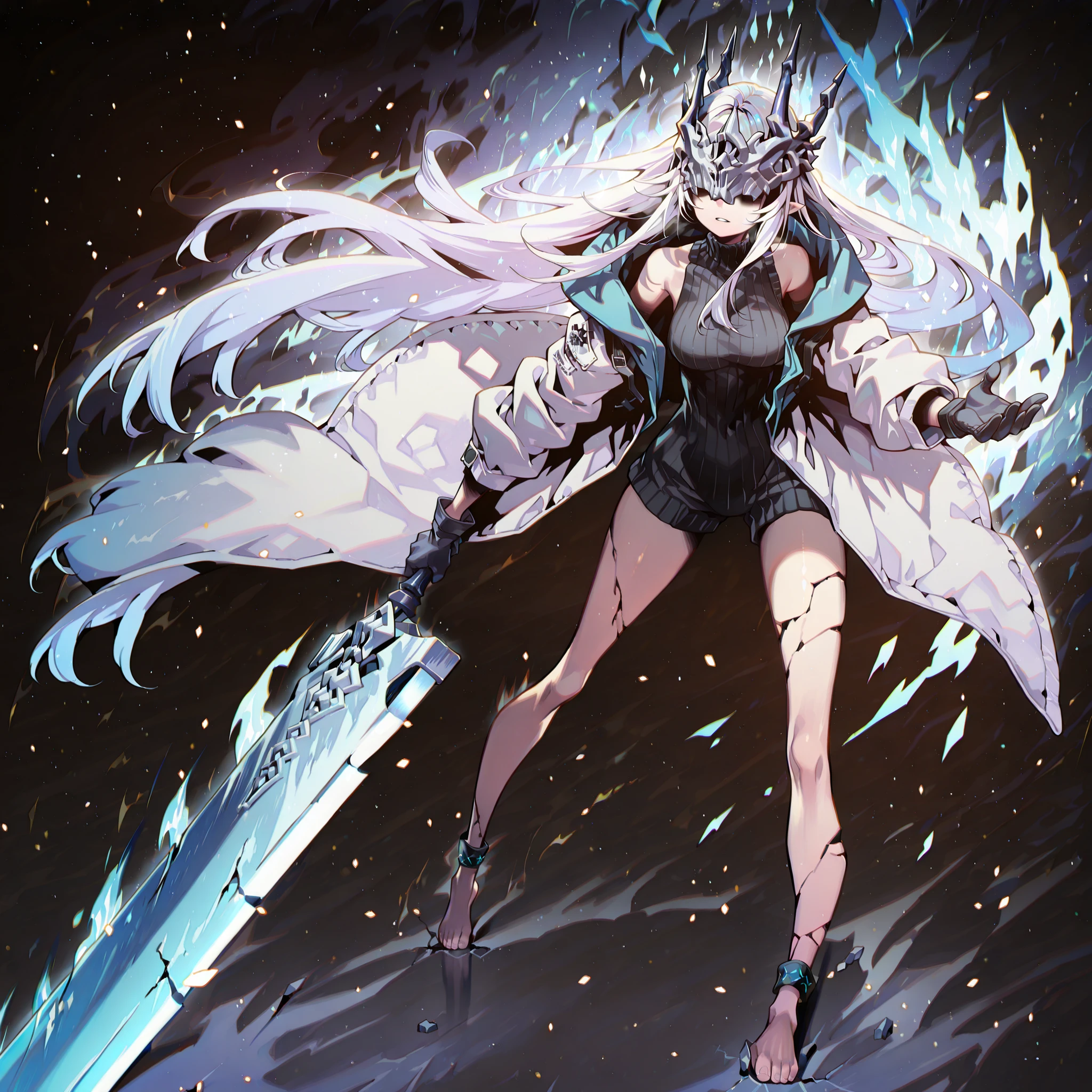 Alone, 1 girl, solitary female character, a young teenager about 1.5 meters tall. She stands alone against a deep black background, making her stand out vividly. Her physique and height are exactly like Terakomari Gandesblood from The Vexations of a Shut-In Vampire Princess.
She has long white hair, just like Konno Yuuki from Sword Art Online. The hair is styled in a Shikei style.
Clothing:
Her eyes are completely hidden behind a silver mask with the same design as the Frost Queen’s mask from Return of the Frozen Player. A silver mask identical to the Frost Queen’s mask from Return of the Frozen Player. A silver mask identical to the Frost Queen’s mask from Return of the Frozen Player. The mask covers the eyes. The mask covers the eyes. The mask covers the eyes. The mask covers the eyes.
She wears a black turtleneck sweater that extends halfway down her thighs. Her thighs and legs are exposed. The most important feature is her white coat with blue accents—identical in every detail to Amiya’s coat from Arknights: the same fabric, cut, blue highlights, length, hood design, zippers, and proportions (but entirely white). The coat fits perfectly, without slipping down the shoulders and arms.. Gloves like Amiya's from Arknights
Pose and Expression:
Black background, pose, wide , , slim waist, short body. She is a young girl conjuring a large white flame in one hand while holding an immense white greatsword with golden details in the other. The massive greatsword appears to be made of stone, with several cracks running along its broad, heavy blade, from which condensed energy radiates. Energy flows visibly from the cracks of the massive sword. In her left hand, she holds a ball of bright white and blue
Atmosphere and Style:
Youthful energy. Ultra-detailed, sharp, clean anime style. Deep black background with cinematic lighting emphasizing her short stature and powerful aura. Perfect image, perfect face, perfect eyes, hair is styled in a Shikei style.