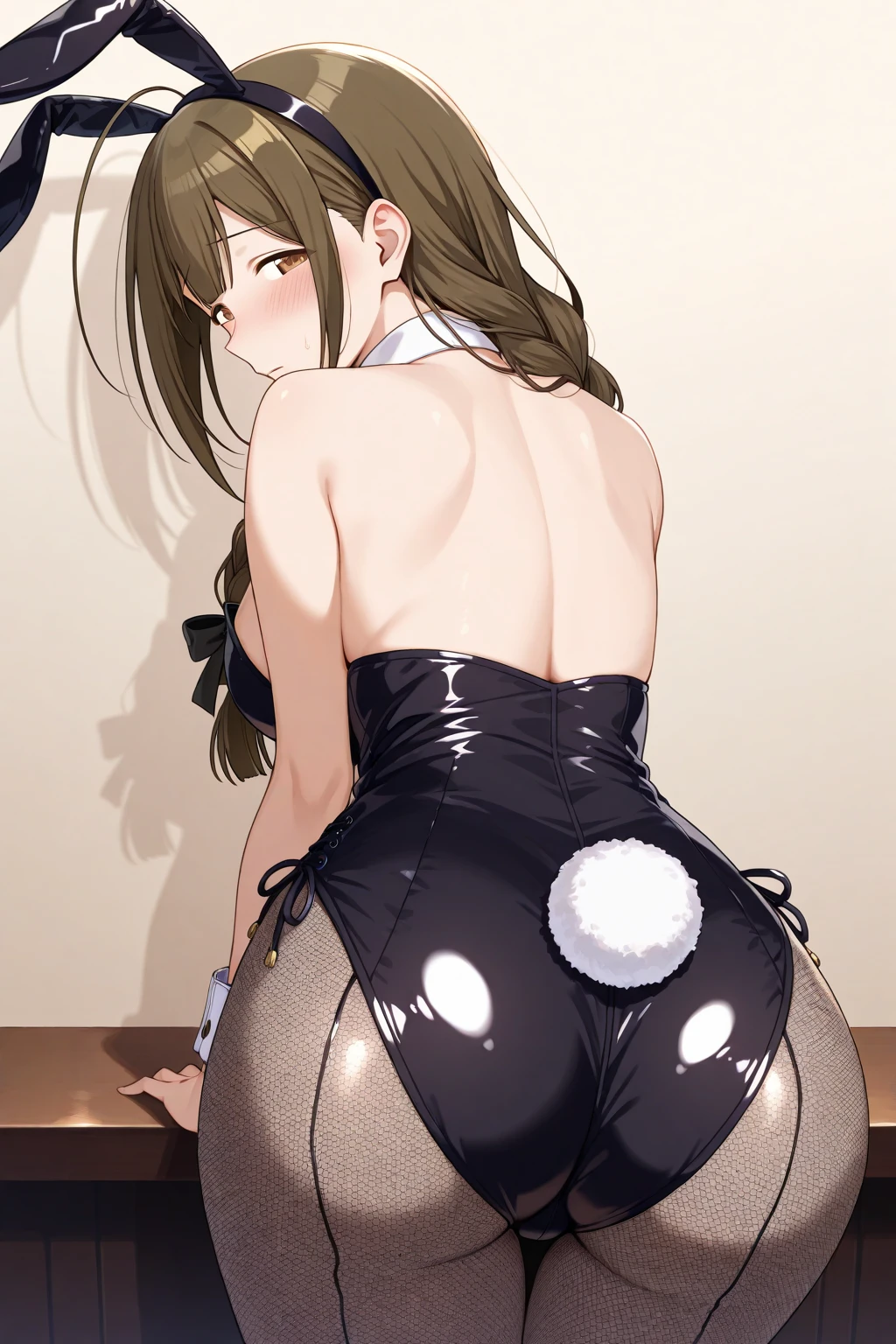 chizuru, 1girl, solo, long_hair, ???????, looking_at_viewer, blushing face, shy expression, bangs, ??????????????, brown_hair, black_hair, brown_eyes, earings, upper_body, braid, lying on the bed, at night,  mostly cloudy sky，（（（tmasterpiece），（Very detailed CG unity 8K wallpaper），best qualtiy，cinmatic lighting，detailed back ground，beatiful detailed eyes，（Very fine and beautiful），（Beautiful and detailed eye description），ultra - detailed，tmasterpiece，）），facing at camera，A high resolution，ultra - detailed）,wearing: bbunnysuit, pantyhose, fake bunny ears, wrist cuffs, bowtie,
