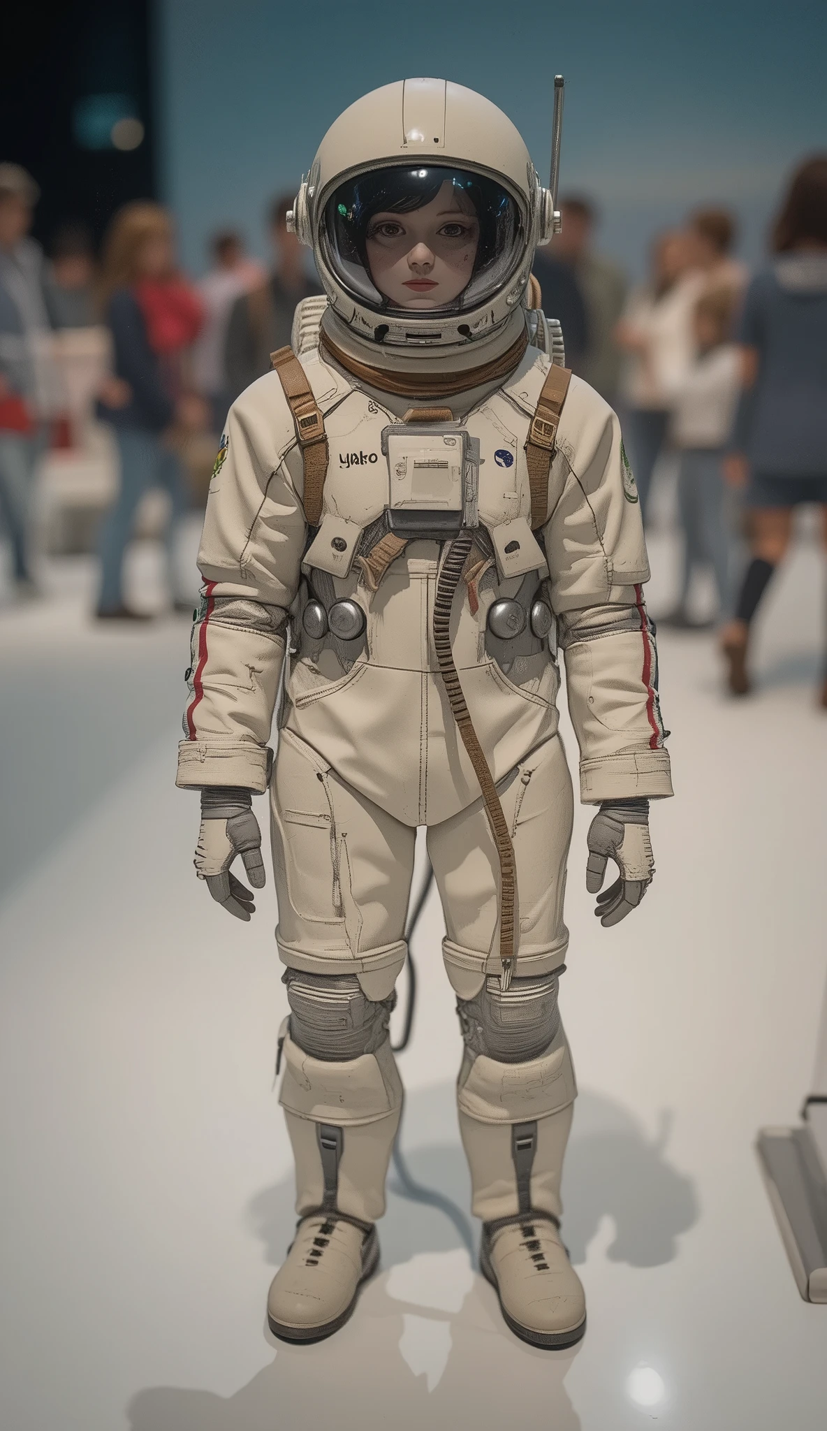A small figure is placed in the center of the white surface, is cleverly made to imitate a spacesuit. The costume is cream colored、There are fine red and blue stripes running along the arm, adding thoughtful introspection. There are brown accents on the front that suggest fit and design elements、enhances reality. silver, The round accessories suggest mechanisms and connectors typical of future spacesuits.
That name "yoko" Printed on the left chest, A unique touch is added to the figure. The joints and seams of the suit are made with attention to detail, emphasizes the feel of the garment. Additional accessory, The helmet uses soft green elements, Interesting elements have been added to the functionality of the suit.
In the background, are slightly out of focus, and other figures and elements are visible, creates an atmosphere like a showcase or display environment. The lighting is bright, Soft shadows are cast、The glossy finish on the surface is emphasized.