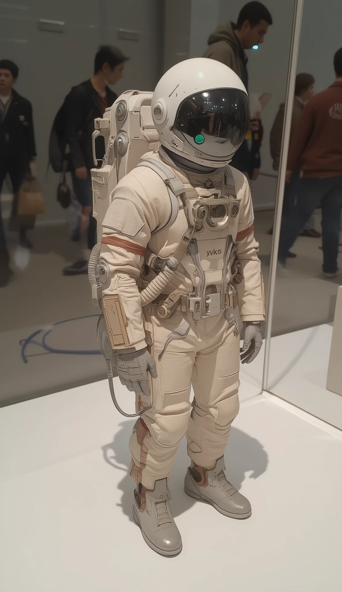 A small figure is placed in the center of the white surface, is cleverly made to imitate a spacesuit. The costume is cream colored、There are fine red and blue stripes running along the arm, adding thoughtful introspection. There are brown accents on the front that suggest fit and design elements、enhances reality. silver, The round accessories suggest mechanisms and connectors typical of future spacesuits.
That name "yoko" Printed on the left chest, A unique touch is added to the figure. The joints and seams of the suit are made with attention to detail, emphasizes the feel of the garment. Additional accessory, The helmet uses soft green elements, Interesting elements have been added to the functionality of the suit.
In the background, are slightly out of focus, and other figures and elements are visible, creates an atmosphere like a showcase or display environment. The lighting is bright, Soft shadows are cast、The glossy finish on the surface is emphasized.