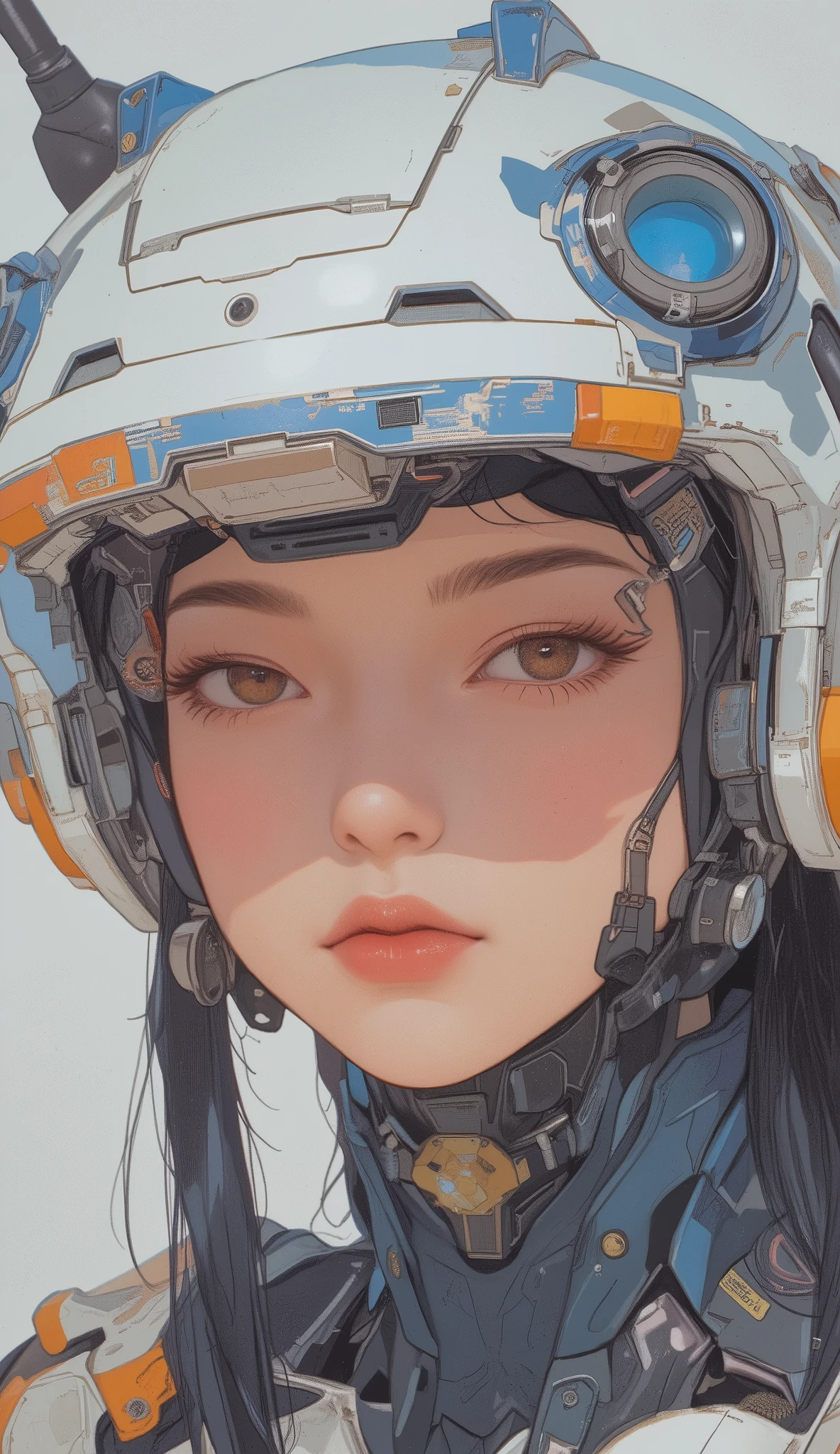 Close up of a woman wearing a helmet with a camera, Portrait beautiful sci-fi girl, SF Women, retro-futuristic female android, cute cyborg girl, Futuristic Art Style, dreamy cyberpunk girl, ＳＦcharacters, Ross Tran 8k, as a retro-futuristic heroine, rossounding digital painting, fashionable futuristic woman, Accurate Mirror Surface of a Girl