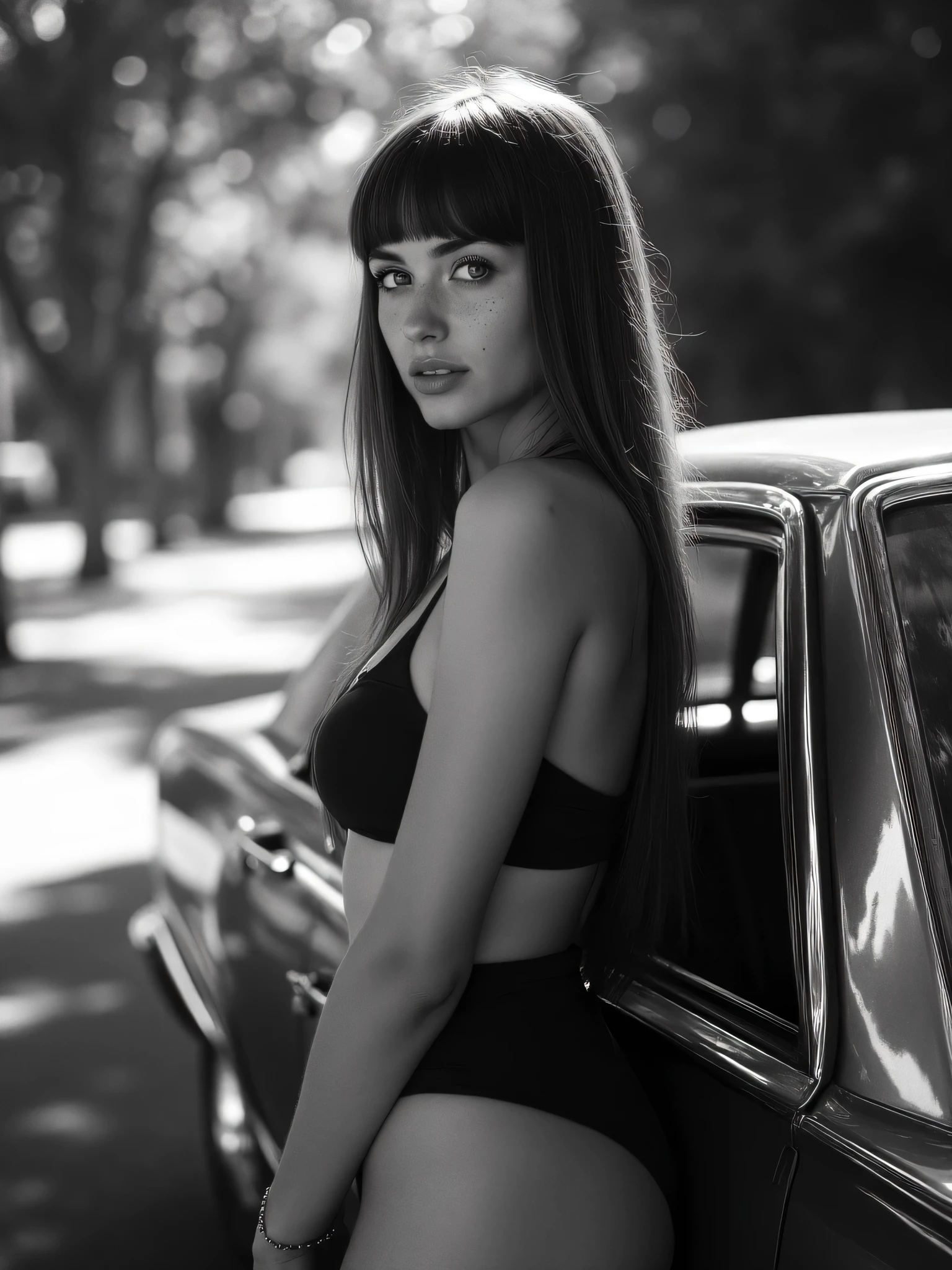 Ultra‑realistic black‑and‑white street portrait, vertical 2:3. An adult woman seen from behind, leaning into the open driver‑side window of a vintage 1970s sedan parked on a tree‑lined street. She turns her head over her shoulder toward the camera, revealing straight blunt bangs, light‑colored eyes (pale gray/blue) with crisp catchlights, and natural freckles across the nose and cheeks. Natural daylight filtered through dense foliage creates large circular bokeh in the background; strong backlight with dappled highlights and rich shadows. High‑contrast monochrome tonality with deep blacks, bright whites and luminous midtones; glossy specular highlights on the car’s paint and chrome trim. Shallow depth of field; background fully blurred; fine, realistic film grain. Subject framed on the right third; car door, window frame and handle in crisp focus; a faint silhouette of a person inside the car. Long straight hair down her back; black bikini‑style top and a very short skirt that reveals lower back and upper thighs; a thin bracelet on her wrist. Waist‑level viewpoint, candid mood, modern‑vintage aesthetic. Camera look: 85mm prime at f/1.4 (or 105mm), 1/1000s, ISO 200; silver‑gelatin film look (Ilford HP5 or Kodak Tri‑X), subtle vignetting, clean micro‑contrast, realistic skin texture, no color cast, no flash.