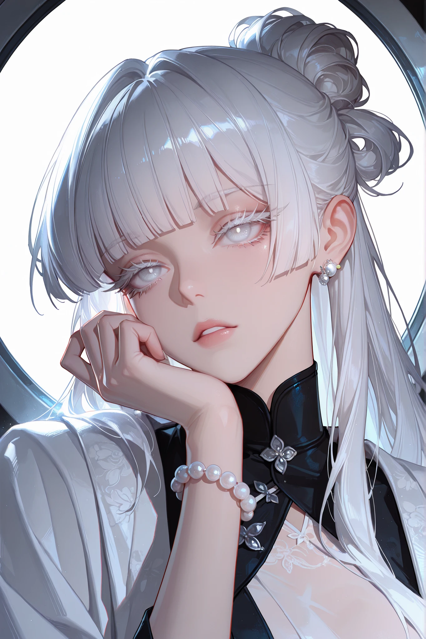(masterpiece), best quality, expressive eyes, perfect face, jewelry, long hair, hair bun, bracelet, shinayutadef, thick eyelashes, grey eyes, white eyes, white hair, beads, blunt bangs, blue eyes, earrings, 1girl, solo,