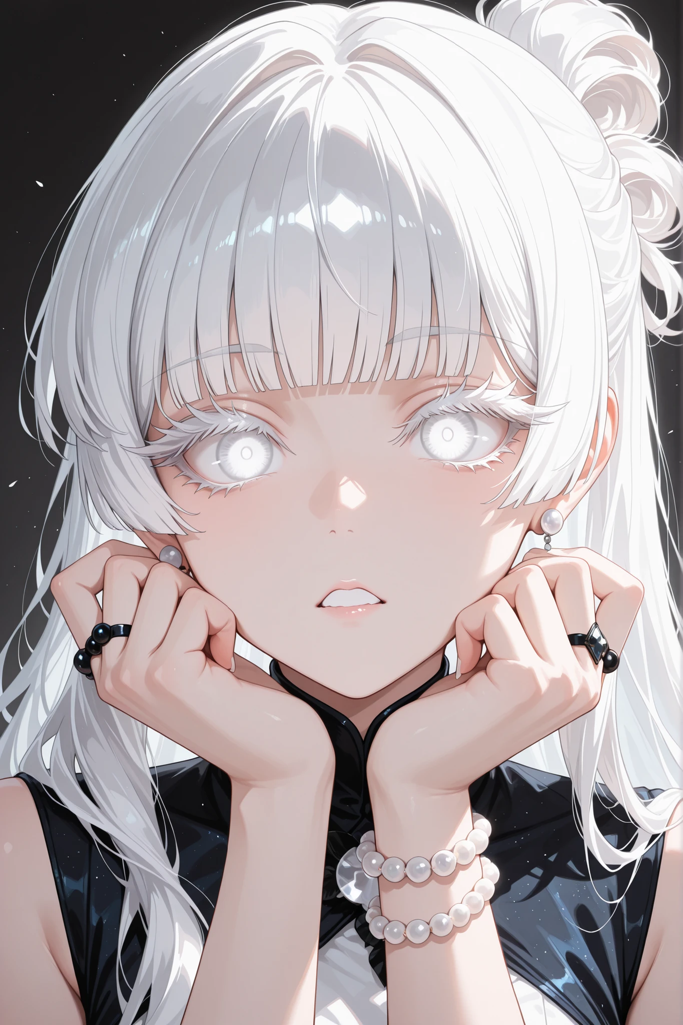 (masterpiece), best quality, expressive eyes, perfect face, jewelry, long hair, hair bun, bracelet, shinayutadef, thick eyelashes, grey eyes, white eyes, white hair, beads, blunt bangs, blue eyes, earrings