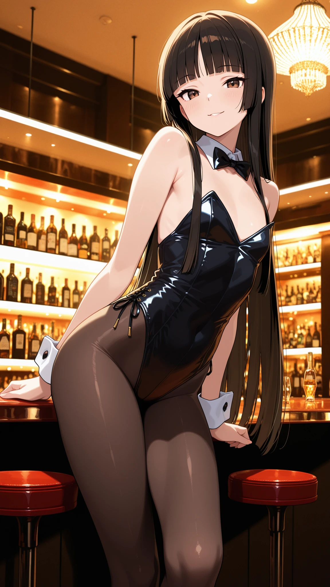 ((masterpiece)), Highest quality, Very detailed,(One Girl), Kotegawa Yui、 Long Hair,Beautiful background ,Completely ?????,  ?????, Bent body,Lie in, Look to the side, Worried face, Female ???????? in full view, Drunk look, Hot body、Sweaty、 Browsing Caution、Verbal invitation、In the heat、bow, animal ears, cleavage, ???? shoulders, pantyhose, bowtie, yellow footwear, rabbit ears, high heels, leotard, black pantyhose, strapless, yellow bow, detached collar, fake animal ears, playboy bunny, yellow leotard, strapless leotard, thighband pantyhose, yellow bowtie,