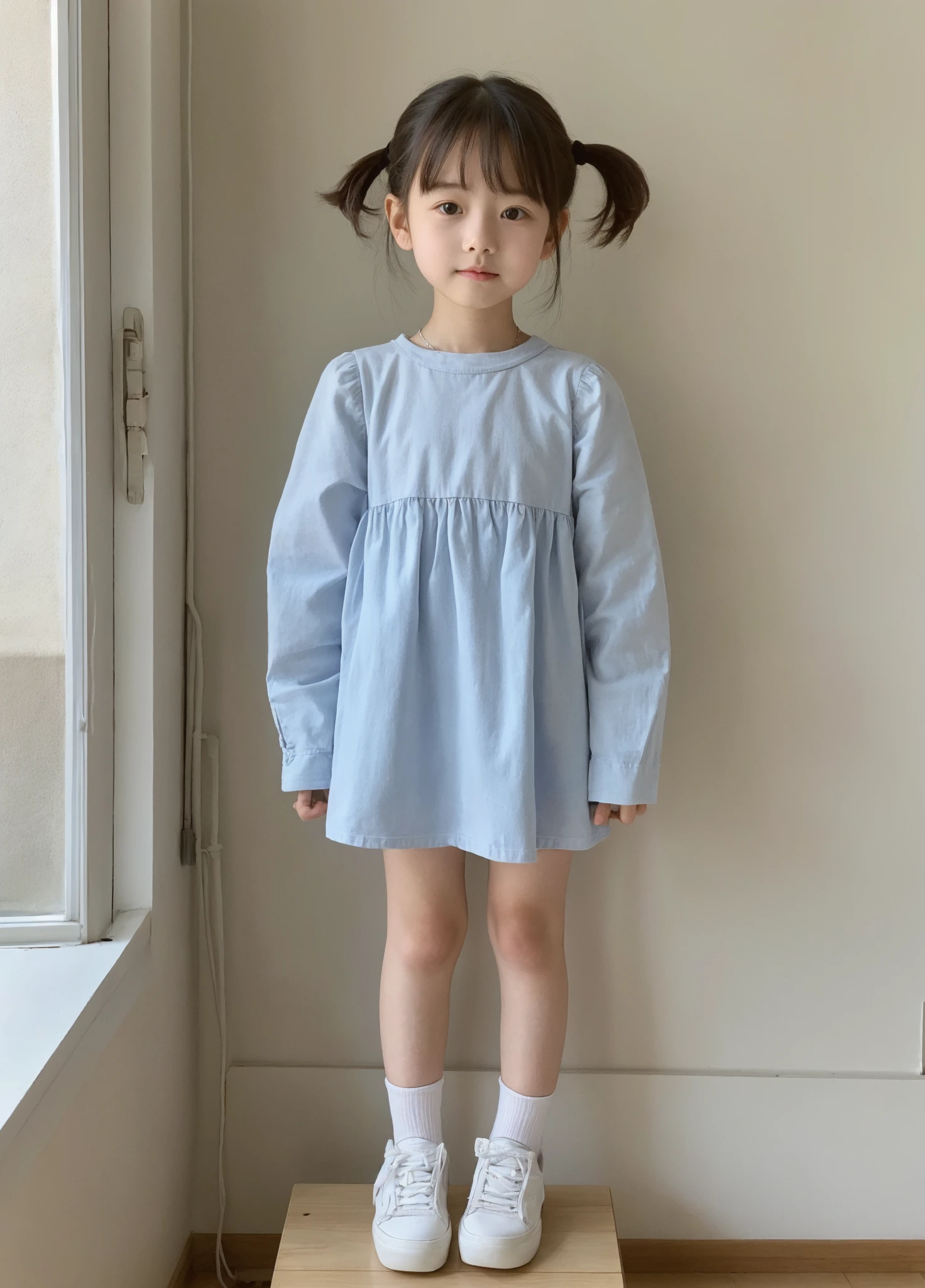 Little pretty girl、Long Hair、Natural Blonde Hair、Light blue eyes、whole body、Standing straight and facing forward、smile