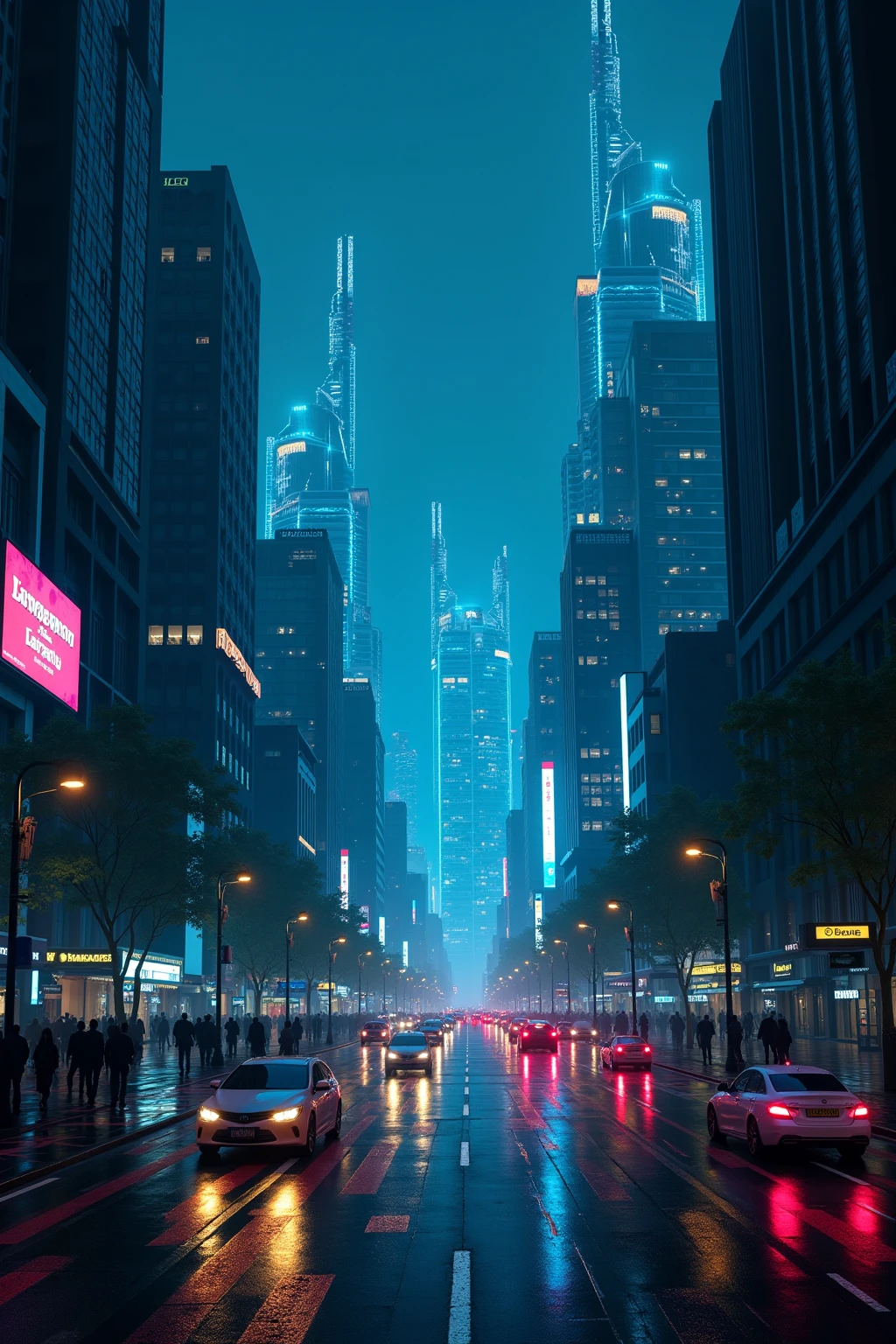 Future city night view，High-rise buildings surrounded by data beams，Technological exterior，Hologram projection advertising，Cyberpunk style lighting，Futuristic architectural design，Technological urban atmosphere