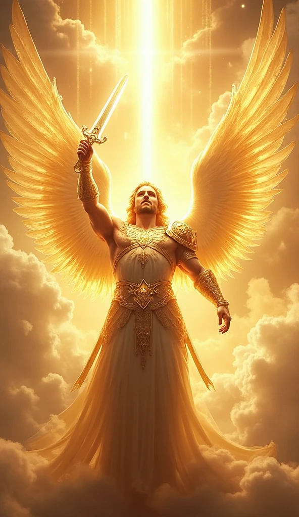 Giant male angel in golden robes and a giant golden raised sword in his hand raises the sword above his head 