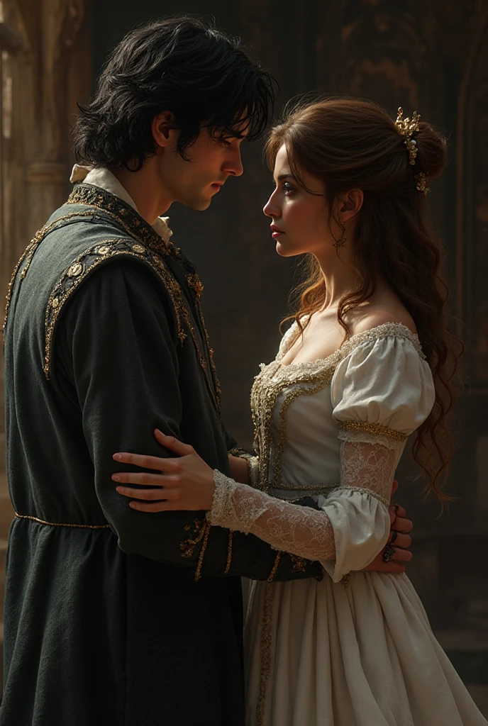 a beautiful portrait of Ben Barnes as prince caspian and Jessica Brown-Findlay as a lady, getting married, with happy expressions, in a snowy medieval setting, intricate details, cinematic lighting, highly detailed, masterpiece, 8k, photorealistic