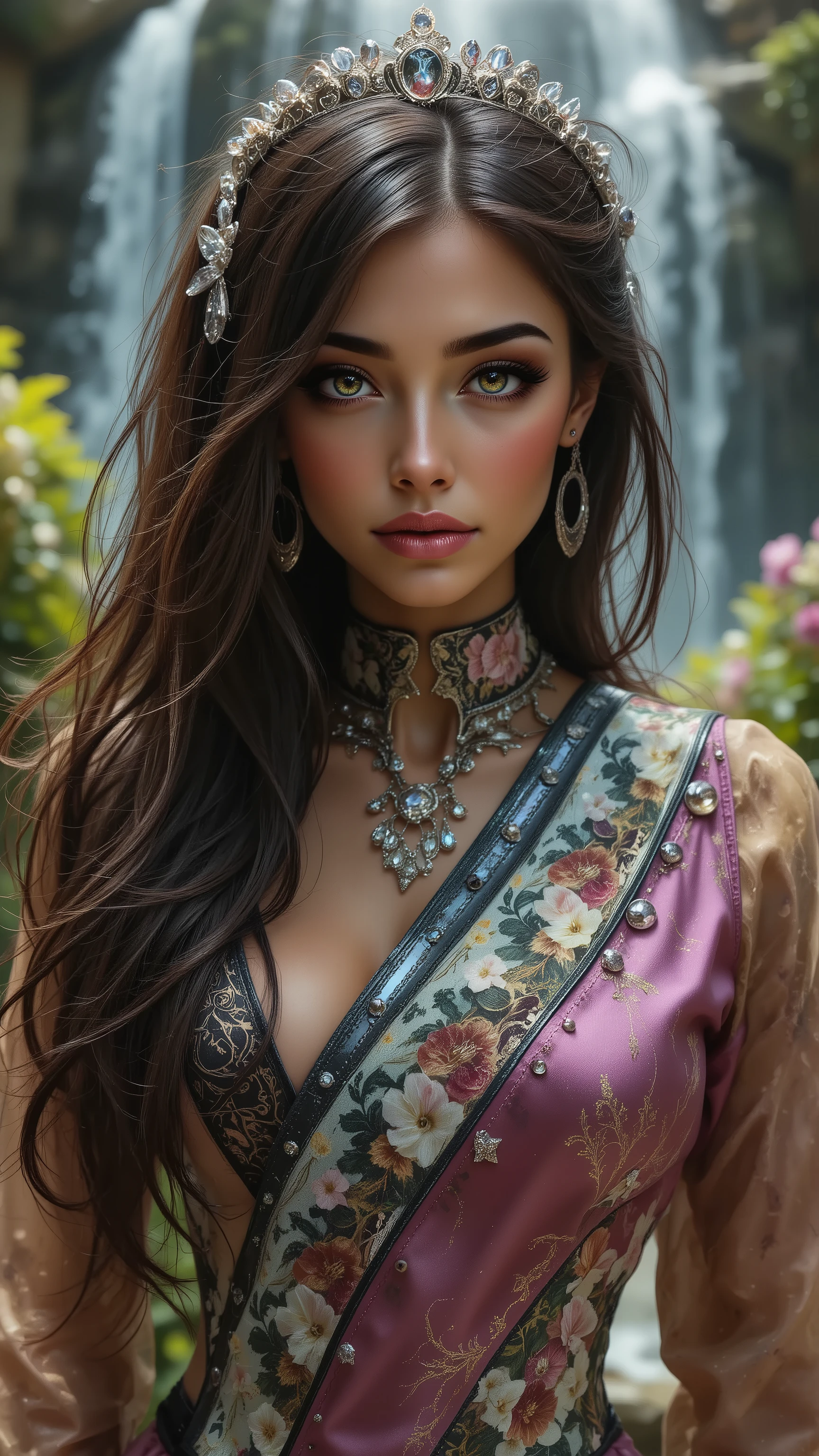  Ultra-realistic (photorealistic Realism) , "UHD, Hyper high resolution" - "(Hyper quality, intricately ultra-detailed digital art)" (Key Directive: - ("The priority is the anatomical accuracy and texture of the materials" - "Ultra-sharp human eyes with biological accuracy") (realistic texture details: velvety skin, hair), long Lashes: individual synthetic fibers (crosshatched roots:1 . 2 , clump-free separation), { "Eyes:(acid-resistant terminology) (macro-details:1.5): * Moist corneal surface (visible aqueous layer:1.2) * Hyper-detailed iris eyes (brown) * Precise limbal ring (slightly darker pigmentation:1.3) * Pupil micro-texture (irregular edge authenticity:0.9) * Vasculature in sclera (subtle blue veins radiating from limbus)" } (Avoid: "pupil distortion , uncanny valley asymmetry , plastic-like wetness"),detailed portrait of a princess wearing a luxurious fur robe over a royal dress, she has a warm smile on her face, lush waterfall in the background, colorful flowers surrounding her, highly detailed, 8k, photorealistic, realistic lighting, professional digital art, dramatic fantasy style, oil painting, vibrant colors, intricate details, h4nd
