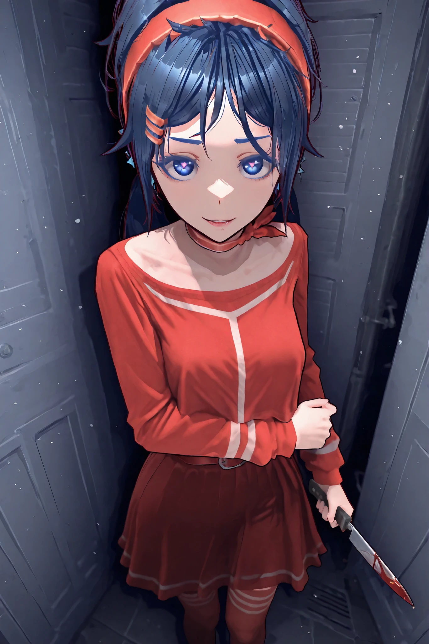 Miside, Mita crazy in her classic red outfit she is standing looking at the viewer with an evil face and a provocative pose she is holding a knife all in blood extremely detailed image