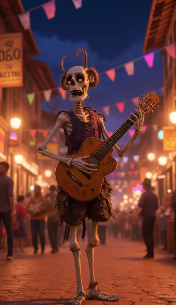 a smiling skeleton character in a combined wizard and Mariachi Costume, Detailed clothing, holding a guitar in the left hand, surrounded by a Healing aura, in a cheerful cartoon style background, (Best Quality,4k,8k,high resolution,Masterpiece:1.2),ultra detailed,(realist,photorealist,photo-realist:1.37),1 skeleton character,wizard's robe,Mariachi Costume,detailed guitar,Healing aura,cheerful cartoon style,vibrant colors