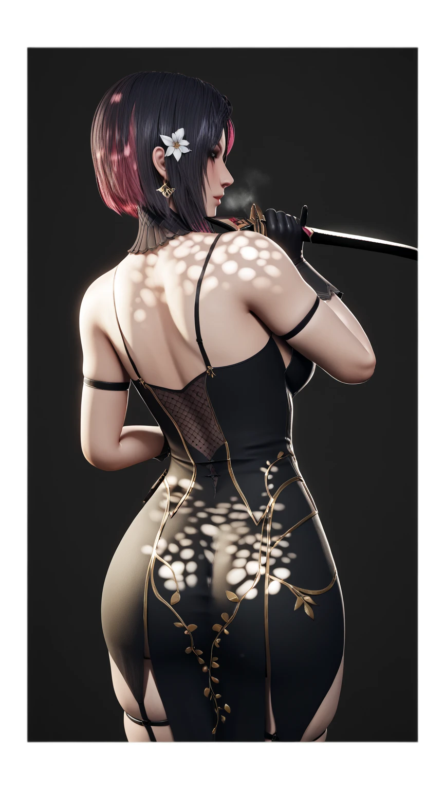 ry4nr30s, Ryan Reos, Ryan Reos Art Style, 3d, ((Cinematic, unreal-engine, eye-catching, ambient occlusion, UHD, masterpiece)), ((perfect lighting, dappled sunlight)), comic, score_9, score_8_up, score_7_up, score_6_up, score_5_up, score_4_up, uncensored, detailed background, vignetting, high quality, absurdres, best quality, very aesthetic, newest, digital art, trending on ArtStation, ((anatomical correct)), perfect body, perfect eyes, perfect fingers, gasping, heavy breathing, gasping profusely, (()), ((curvy, thigh gap)), short hair, black hair, colored inner hair, multicolored hair, pink inner hair, black eyes, bags under eyes, plump, cellulite, bright pupils, 1girl, solo, weapon, dress, holding, black_dress, gloves, dual_wielding, holding_weapon, from_behind, , flower, knife, dagger, back, jewelry, looking_back, black_gloves, looking_at_viewer, earrings, bare_shoulders, reverse_grip