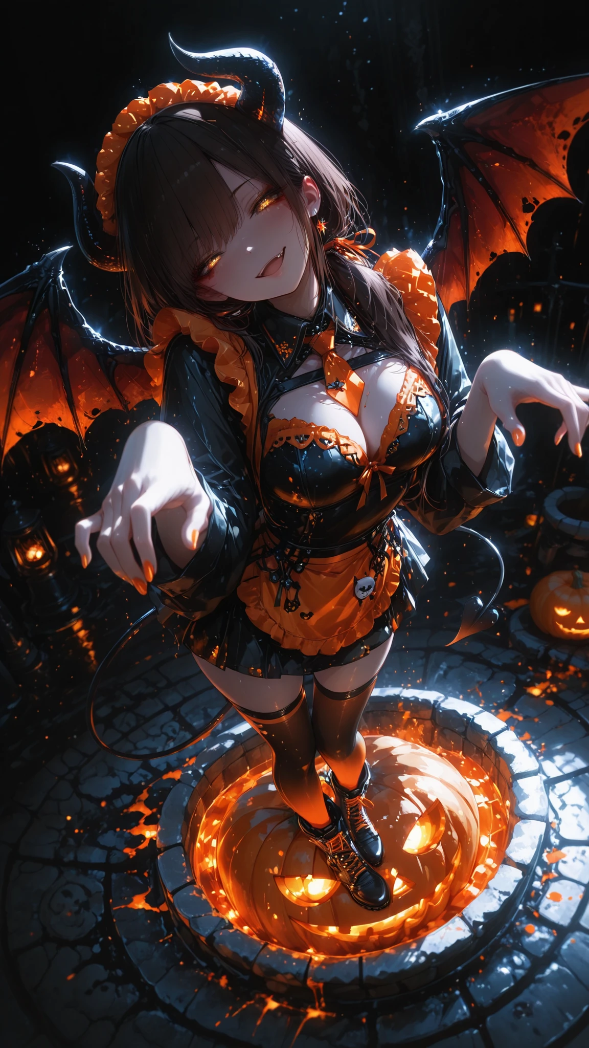 Halloween Party , standing , zombie pose , black mini skirt dress , cleavage , orange apron , orange maid headdress , orange over-the-knee socks , zettai ryouiki , Combat boots , Tilt head to the left ,
naughty face , evil grin , open mouth, fang , sexy pose , wide shot ,
1girl , solo , A woman around 20 years old , dark brown shoulder-length hair, low ponytail , has golden-tinged amber eyes, glowing eyes ,
Her expression is gentle and sisterly. a big-sister type , boss Lady ,
devil's wings , horns , tail , fingernails, nail polish ,
She flashed a mischievous smile,
Anime-style illustration, black background , dimly light ,
eyes reflection , Moist eyes , well-defined features , a beautiful face , beautiful eyes , fine hair , fine skin , 748cmstyle ,
break ,
( ambient occlusion:0.9 ) , masterpiece , best quality , ultra-detailed , high resolution , good , extremely detailed CG , unity 8k wallpaper , super detailed skin , perfect , detailed beautiful face , detailed beautiful eyes , highres , chiaroscuro , highly detailed background , elaborately designed clothes , dramatic lighting , dramatic angle , light particles , RAW ,