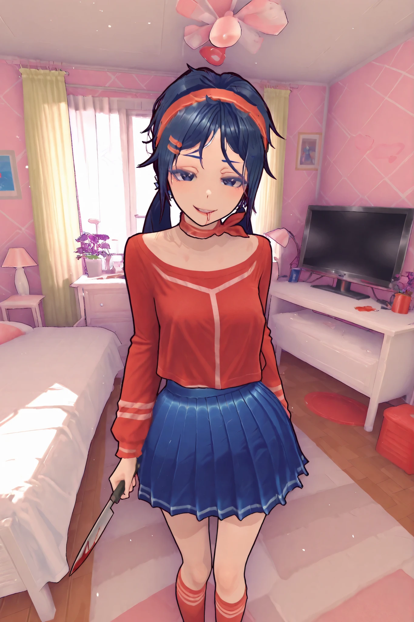 Miside, Mita crazy in her classic red outfit and blue skirt she is standing looking at the spectator with a naughty face and a provocative pose she is holding a knife all in blood, Scenery in her bedroom in Miside extremely detailed image 