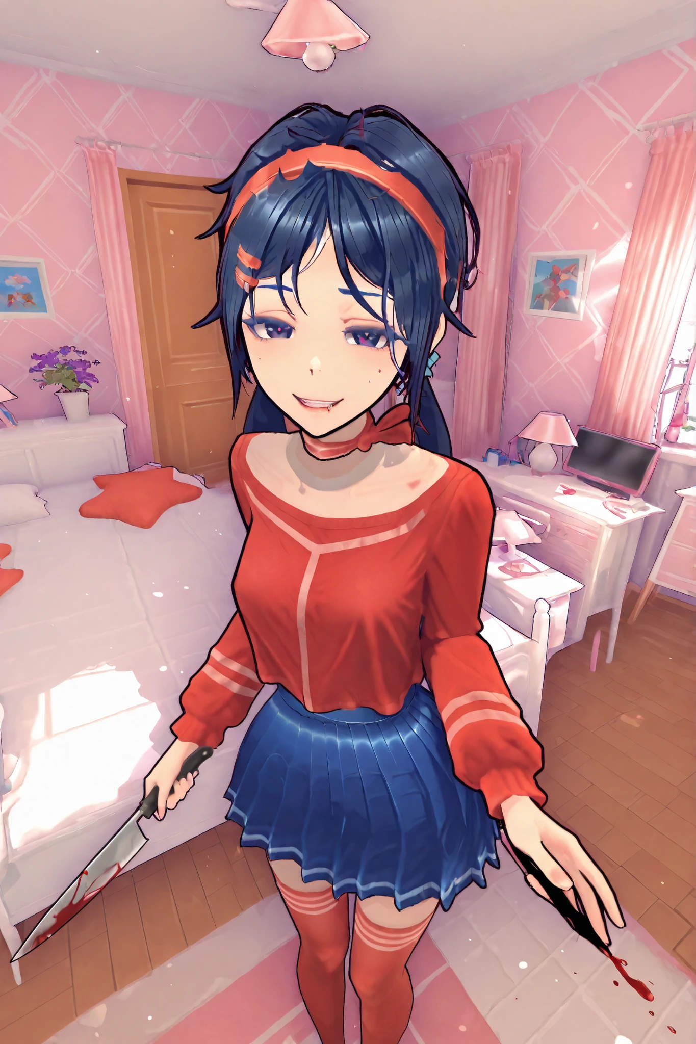 Miside, Mita crazy in her classic red outfit and blue skirt she is standing looking at the spectator with a naughty face and a provocative pose she is holding a knife all in blood, Scenery in her bedroom in Miside extremely detailed image 