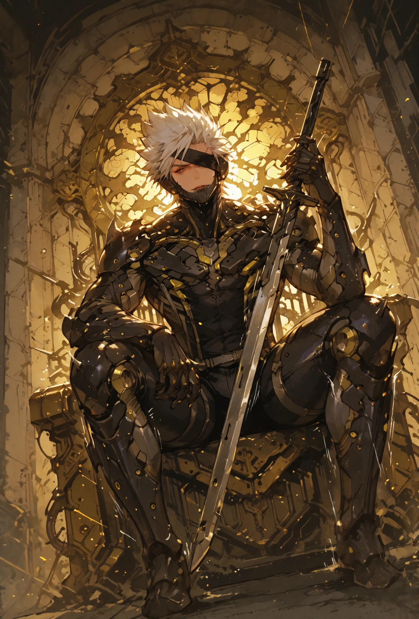 ,Raiden,MGR, siting in a metal throne, holding a metal sword, Def, male focus, muscular male, white hair, spiked hair, short hair, cyborg, mechanical chin, bodysuit, eyepatch, one eye covered,extremely detailed,dynamic lighting,best quality,,,best quality,high quality,, , dynamic angle, , thick thighs, motion lines,, , solo, perfect eyes,siting in a metal throne,DETAIL,MASTERPIECE,,Expressiveh, ultra detailed,,,,very detailed,extremely detailed,dynamic lighting,best quality,