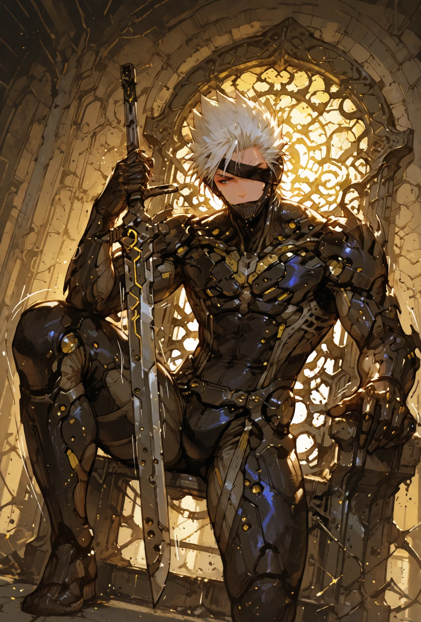 ,Raiden,MGR, siting in a metal throne, holding a metal sword, Def, male focus, muscular male, white hair, spiked hair, short hair, cyborg, mechanical chin, bodysuit, eyepatch, one eye covered,extremely detailed,dynamic lighting,best quality,,,best quality,high quality,, , dynamic angle, , thick thighs, motion lines,, , solo, perfect eyes,siting in a metal throne,DETAIL,MASTERPIECE,,Expressiveh, ultra detailed,,,,very detailed,extremely detailed,dynamic lighting,best quality,