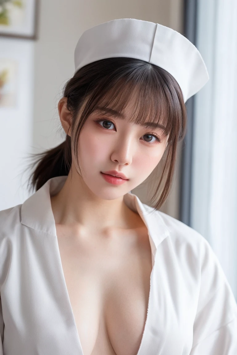 (1 Girl)、(Beautiful Japanese、24years old,round face、Refreshing、clear、seems kind、stylish、Pitiful、cute like an angel、cute、black eyes、,actress,Almond-shaped eyes,Translucent white skin、Beautiful skin), Good style , (Beautiful ???????????:1.2),(soft ???????),(very cute),{(Broun hair),(updo),(Bangs is deep side part),(tendrils)},(enchanting eyes),(highlight on eyes:1.2)、(rimless glasses),(8K、Live shooting、highest quality、masterpiece:1.2、optimal lighting)、((masterpiece)),(Photo taken by a professional photographer),(real、photo real:1.4),break,{ (White nurse costume),(((taraditional nurse uniform))),,{(White nurse tight pants)},(cleavage:1.2)},( Big laugh),(tears:1.3),(cheeks are red:1.2), break, break,Old hospital,Face shot:1.3、looking at viewer, face close-up,Looking up、sitting、Feeling embarrassed、Tears flowing