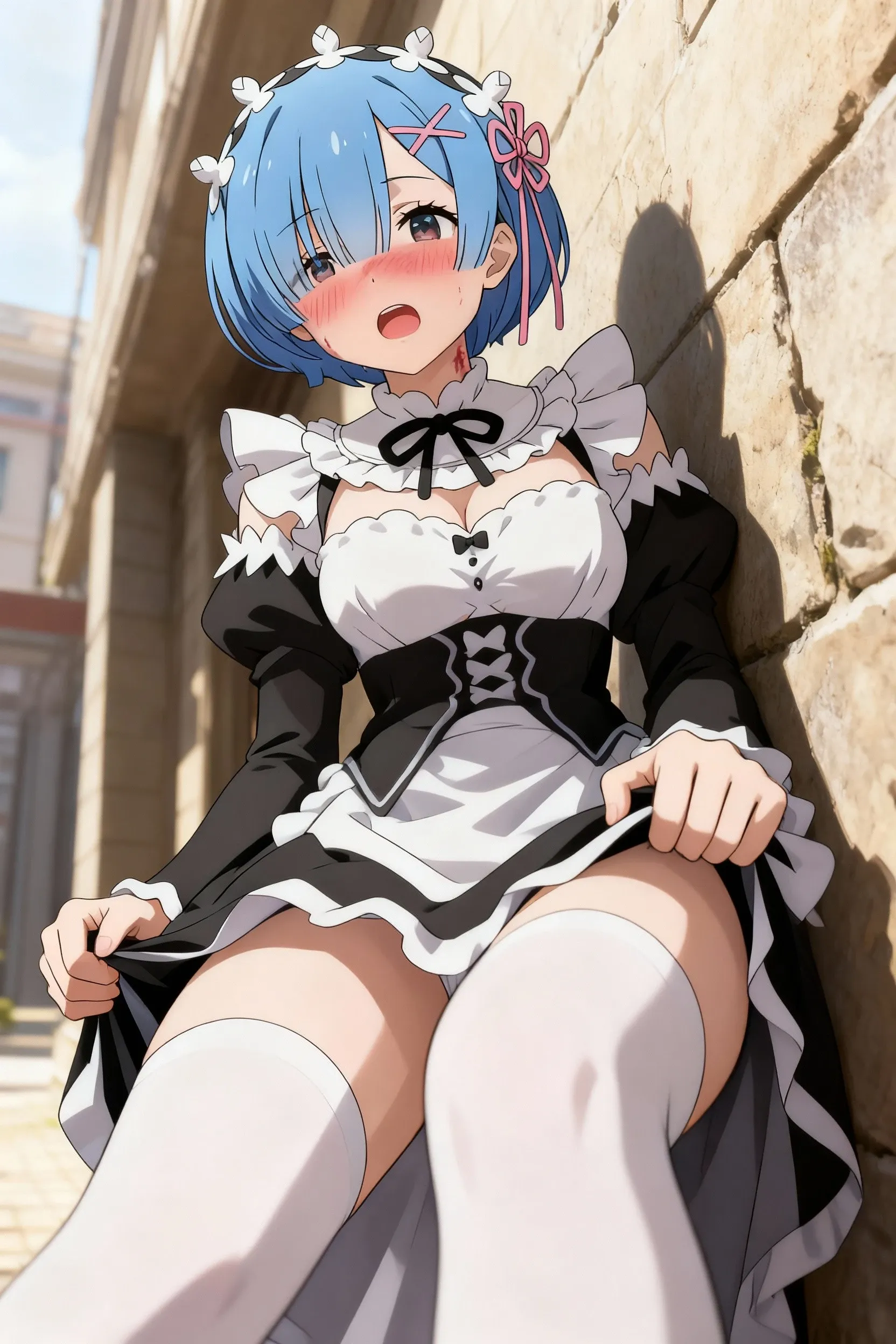 blue hairs、Remu\(re:Zero\), [a smile], red blush, borgar,, ​masterpiece, top-quality, Perfect litthing, 1girl in, skirt by the, middlebreast,、no panties,???????????,(????? in the ??????),(???????????)、red blush、Teary-eyed、Solo、????? in the ??????,(????? in the ??????)、(chains)、(?? with chain)、(Restraint of ?? play)、(?? Play)、