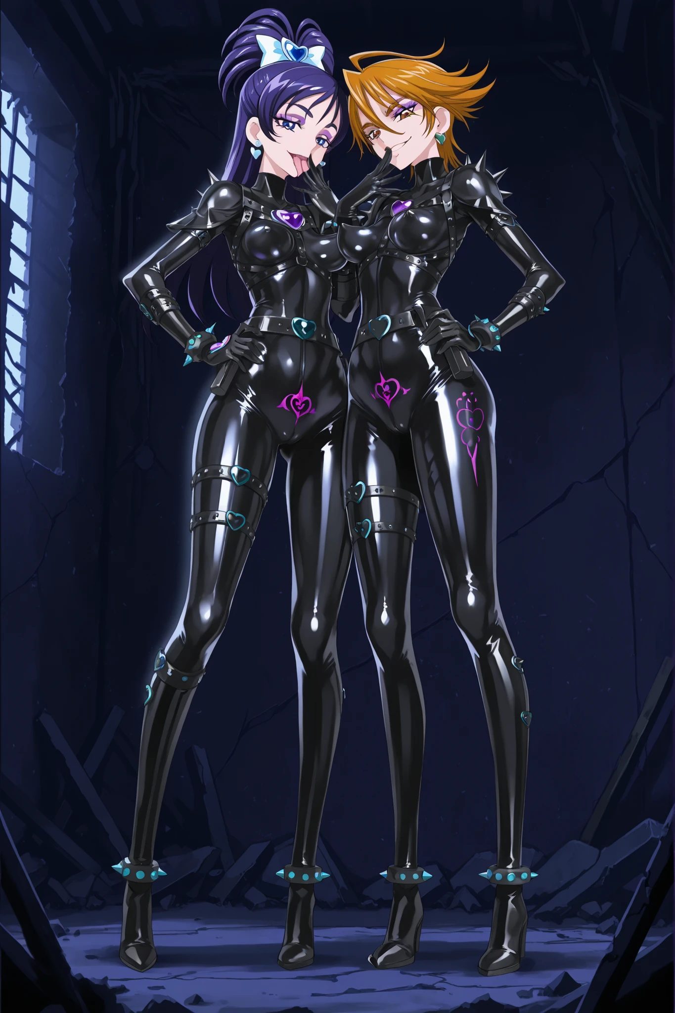 Cure White and Cure Black Villain eyeshadow. Purple eyeshadow. Sarcastic smile. Glossy. Black costume. Leather bodysuit. Spiked accessories. Metal armor. Leather harness. Latex gloves. Perky breasts. Slender body. Large waist. Detailed thighs. Crotch tattoo. Clawed gloves. Hand on hip. Licking fingers. Asymmetrical leg pose. Dark room. Ruins. Cracked wall. Concrete wall. Rebar.