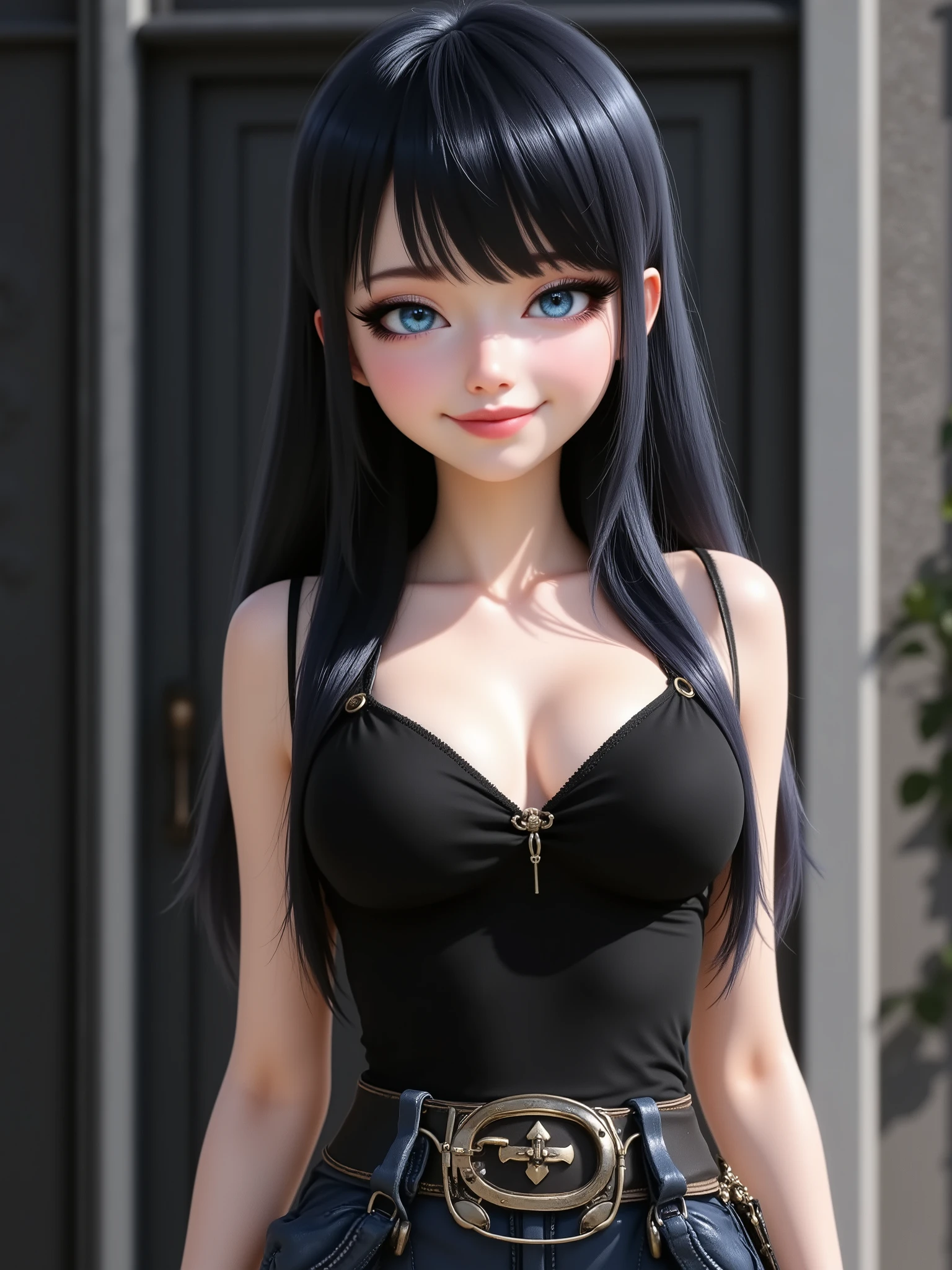 marinette Dopanchan, Anime , A very beautiful and cute 22 year old woman with a slight smile. (((Shy smile))), sharp focus on the face, (((Western eyes:1.5))), (((Extremely detailed ice-blue eyes, beautiful eyes, beautifully detailed eyes))), (((delicately detailed thin pink lips))), (((long hair, shiny hair))), (((black medieval steampunk style sleeveless t-shirt))), (((Dark Blue medieval steampunk style leather warrior pants))), (((full body view, dynamic pose, standing:1.5, graceful pose))), (((The background is Dark Gray and painted with expressive, visible textures using dynamic brushstrokes and strokes that add depth and movement. The paint covers only the area just behind the subject. The outer edges of the image with black margins, as if the background had been painted with a brush and with expressive and visible textures using dynamic brushstrokes and strokes fading toward the edges creating a modern and artistic vignette effect))). Cinematic lighting, soft depth of field, (((masterpiece/high resolution/Best Quality/top quality/high quality/UHD/16k quality))), sharp focus, no blur, film grain, bokeh.