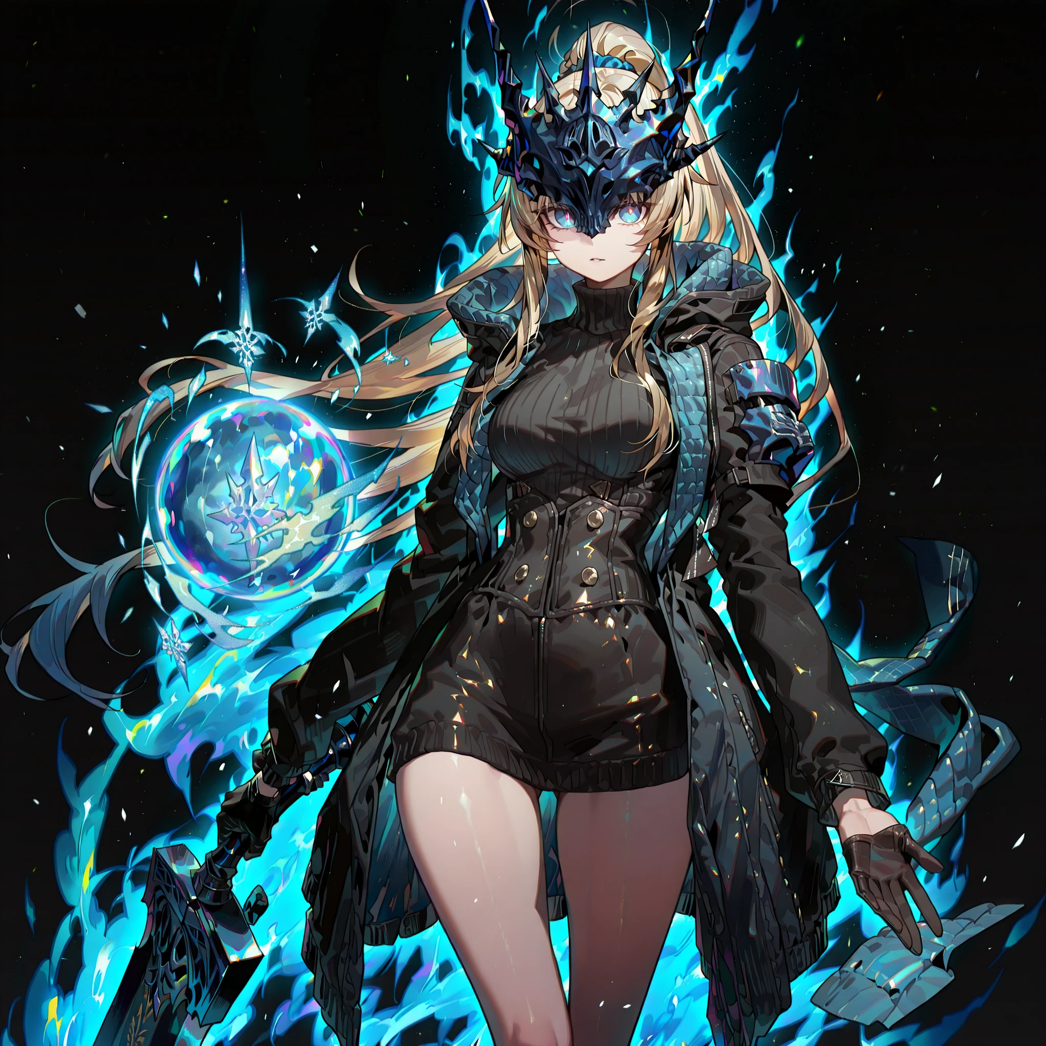 Alone, a girl — a solitary female character, a young teenager about 1.5 meters tall. She stands alone against a deep black background, which makes her stand out vividly. Her physique and height are exactly like Terakomari Gandesblood from The Vexations of a Shut-In Vampire Princess.
She has long golden hair tied in a ponytail, exactly like Saber (honkai star rail) (fate). Golden hair.
Clothing and Accessories:
Her eyes are completely covered by a black mask identical to the Frost Queen’s mask from Return of the Frozen Player. A black mask identical to the Frost Queen’s mask from Return of the Frozen Player. The mask completely covers her eyes.
She wears a black turtleneck sweater that extends halfway down her thighs. Her thighs and legs are exposed.
The most important feature is her black coat with blue accents — identical in every detail to Amiya’s coat from Arknights: the same fabric, cut, blue highlights, length, hood design, zippers, and proportions. The coat fits perfectly, without slipping from her shoulders or arms.
She wears gloves identical to Amiya’s, from Arknights.
Pose and Expression:
Black background, sensual pose, wide , , slim waist, short body.
She is a young girl conjuring a blue energy sphere in one hand, while holding a massive black greatsword (full black massive greatsword) filled with cracks running along its colossal blade, through which energy expands.
The colossal sword appears to be made of stone, with several cracks along its broad, heavy blade, from which condensed energy emanates.
Visible streams of energy flow from the cracks of the enormous sword. In her left hand, she holds a bright blue sphere.
Atmosphere and Style:
8K resolution, youthful energy. Ultra-detailed, sharp, clean anime style.
A deep black background with cinematic lighting emphasizing her short stature and powerful aura.