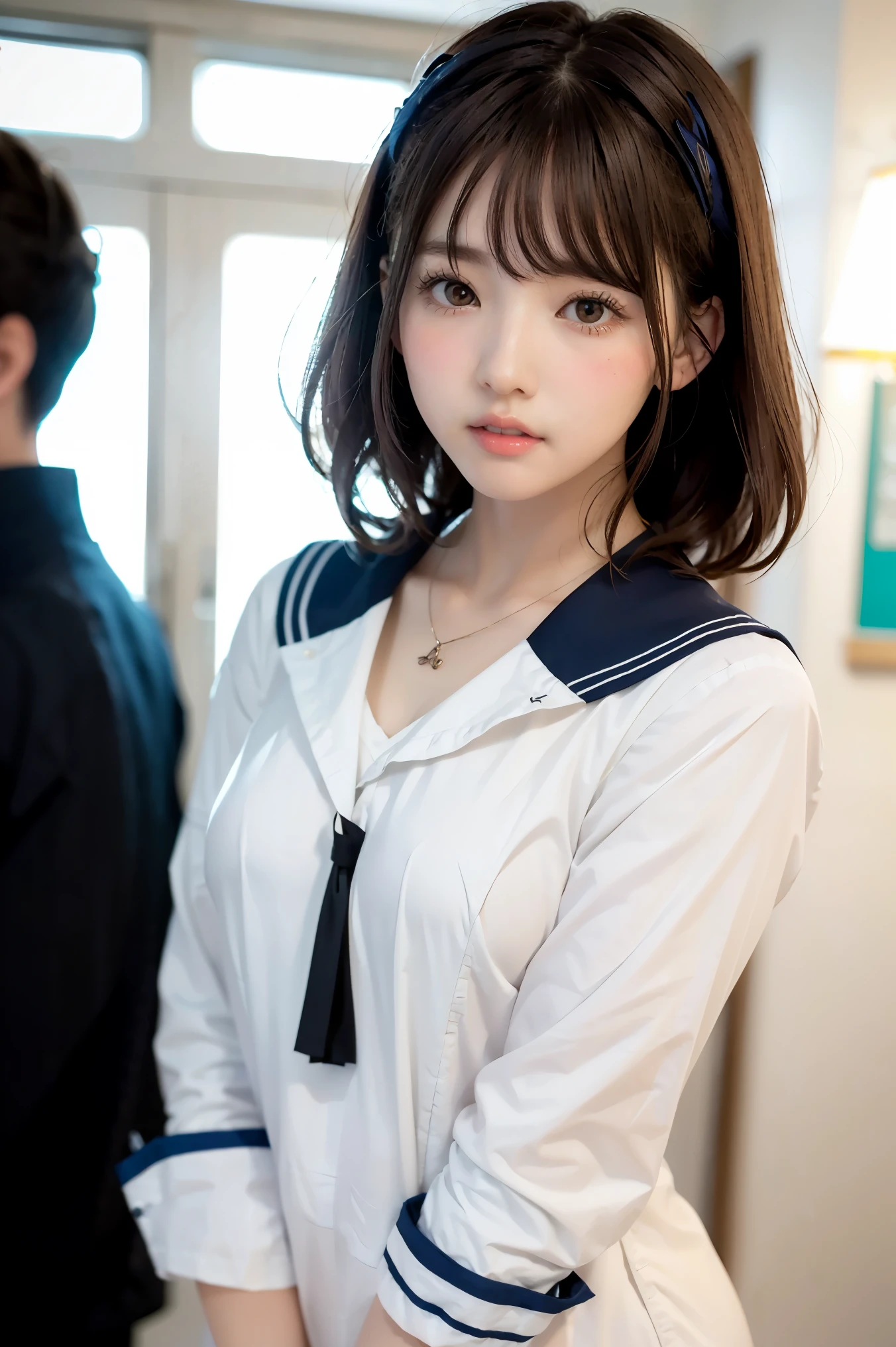 (masterpiece), (8k、original work 、High Quality:1.2),(realistic:1.37,(perfect anatomy),A woman wearing a Japanese sailor suit:1.6、big ribbon:1.6、masterpiece, 最High Quality, contrast:1.2)、( dark hair、Dark Eyes:1.8)、(face close-up:1.6)、(portrait)、Slim Japanese Women,黒い髪, Female high school student wearing sailor suit,metal necklace, thin body, slender athlete model, cute young girl wearing sailor suit, beautiful teen model , 黒い髪、short hair、The background is inside a watch store