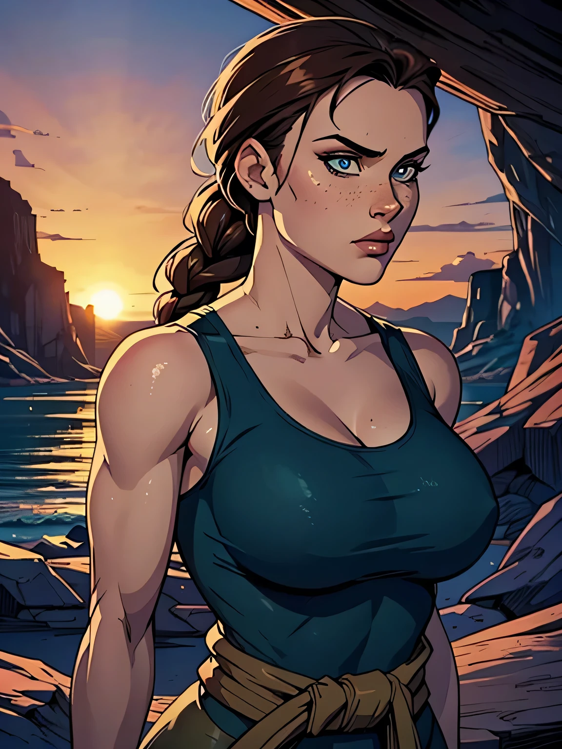 Melhor qualidade, obra de arte, (realista: 1.2) Close up of a thin and athletic woman (Lara Croft), 25 anos, 16k (( high definition )), looking serious, olhar sedutor ((looking at the spectator)), olhos marrons, wearing a fitted teal regatta (( decote em v, sem mangas )), cintura fina, She wears a brown belt, arms on the sides of her body, pele morena, cabelo castanho (( with a braided ponytail )), She's alone in a cave (( upper body, From head to waist , side view 1 .4)), with freckles on her neck and breasts, (( large, round breasts 1.4)), (( Well defined collarbone)). estilo cartoon (( QG )), cave and sunset in the background.