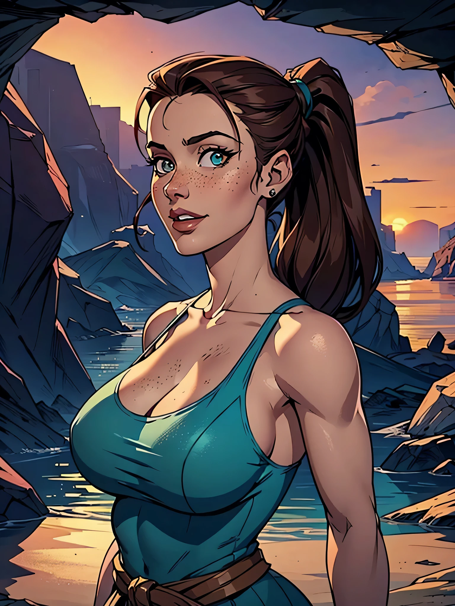 Melhor qualidade, obra de arte, (realista: 1.2) Close up of a thin and athletic woman (Lara Croft), 25 anos, 16k (( high definition )), sorriso lindo, olhar sedutor ((looking at the spectator)), olhos marrons, wearing a fitted teal regatta (( decote em v, sem mangas )), cintura fina, She wears a brown belt, arms on the sides of her body, pele morena, cabelo castanho (( with a braided ponytail )), She's alone in a cave (( upper body, From head to waist , side view 1 .4)), with freckles on her neck and breasts, (( large, round breasts 1.4)), (( Well defined collarbone)). estilo cartoon (( QG )), cave and sunset in the background.