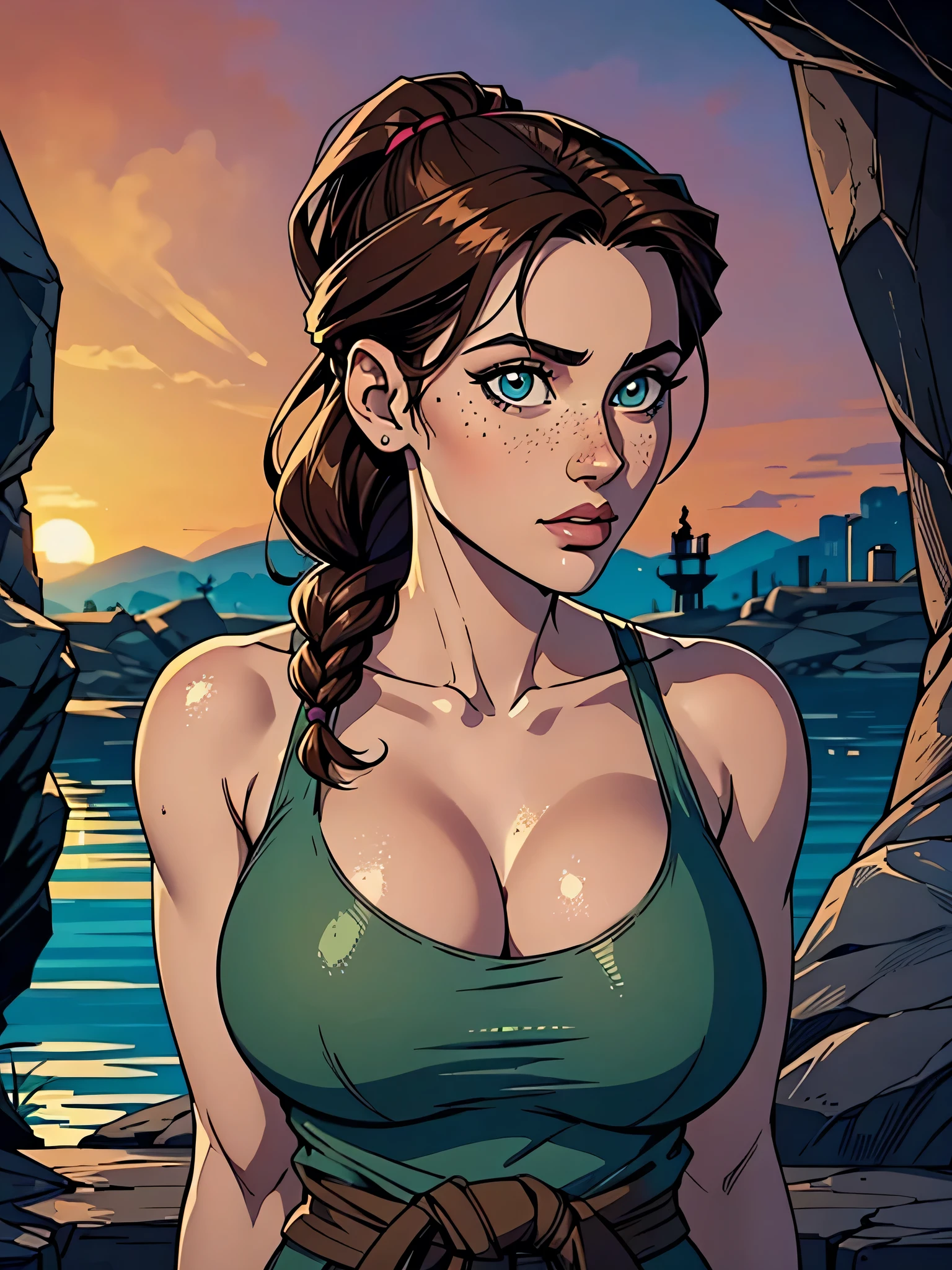 Melhor qualidade, obra de arte, (realista: 1.2) Close up of a thin and athletic woman (Lara Croft), 25 anos, 16k (( high definition )), semblante pensativo, olhar sedutor ((looking at the spectator)), olhos marrons, wearing a fitted teal regatta (( decote em v, sem mangas )), cintura fina, She wears a brown belt, arms on the sides of her body, pele morena, cabelo castanho (( with a braided ponytail )), She's alone in a cave (( upper body, From head to waist , side view 1 .4)), with freckles on her neck and breasts, (( large, round breasts 1.4)), (( Well defined collarbone)). estilo cartoon (( QG )), cave and sunset in the background.