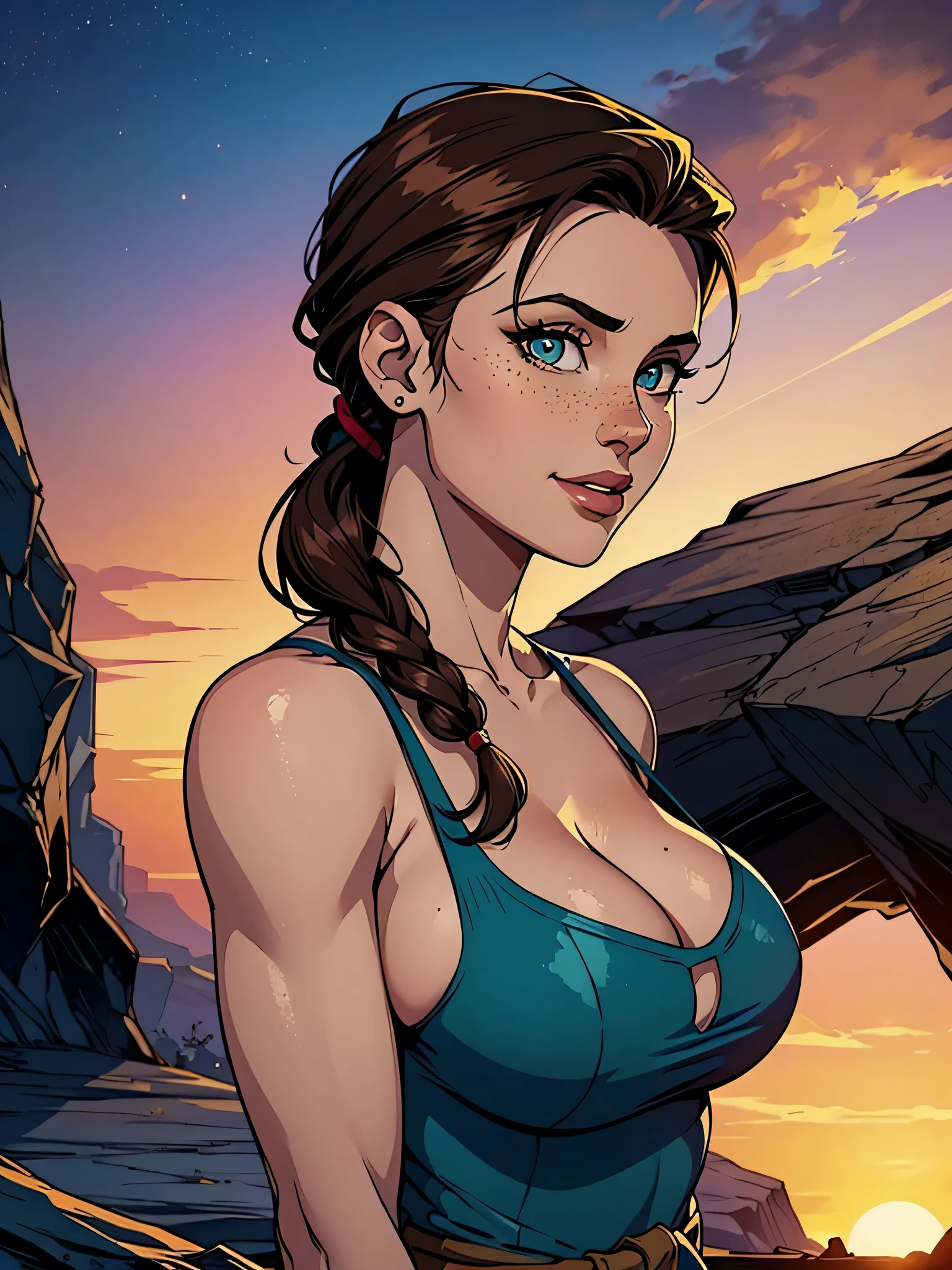 Melhor qualidade, obra de arte, (realista: 1.2) Close up of a thin and athletic woman (Lara Croft), 25 anos, 16k (( high definition )), sorriso misterioso, olhar sedutor ((looking at the spectator)), olhos marrons, wearing a fitted teal regatta (( decote em v, sem mangas )), cintura fina, She wears a brown belt, arms on the sides of her body, pele morena, cabelo castanho (( with a braided ponytail )), She's alone in a cave (( upper body, From head to waist , side view 1 .4)), with freckles on her neck and breasts, (( large, round breasts 1.4)), (( Well defined collarbone)). estilo cartoon (( QG )), cave and sunset in the background.