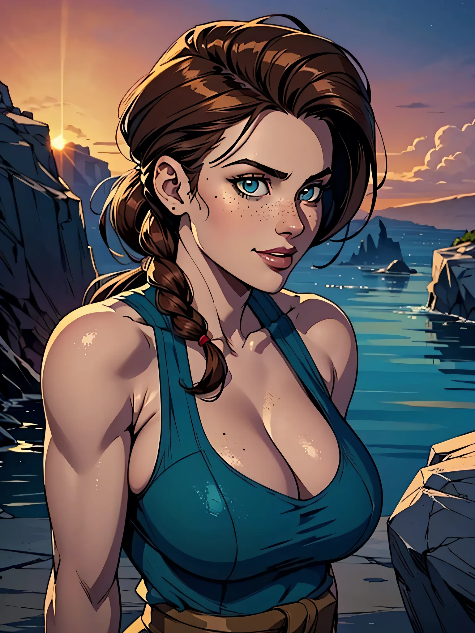 Melhor qualidade, obra de arte, (realista: 1.2) Close up of a thin and athletic woman (Lara Croft), 25 anos, 16k (( high definition )), sorriso misterioso, olhar sedutor ((looking at the spectator)), olhos marrons, wearing a fitted teal regatta (( decote em v, sem mangas )), cintura fina, She wears a brown belt, arms on the sides of her body, pele morena, cabelo castanho (( with a braided ponytail )), She's alone in a cave (( upper body, From head to waist , side view 1 .4)), with freckles on her neck and breasts, (( large, round breasts 1.4)), (( Well defined collarbone)). estilo cartoon (( QG )), cave and sunset in the background.