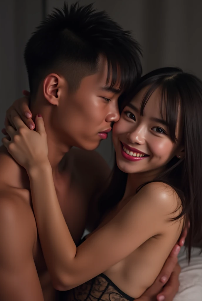 Romantic atmosphere in a luxury hotel room, a handsome Indonesian man smiling happily short hair neat not wearing clothes wearing shorts sitting with a beautiful slim Indonesian woman red lips  smiling happily long hair straight bangs wearing lingerie  sleeveless short tight shorts wearing necklace bracelet, they both sat on a luxurious bed filled with roses, very bright lights, There is a glass cabinet near the bed. Next to the bed there is a wooden table with a Jack Daniels drink on the table.. Very bright lighting, face is clearly visible. 