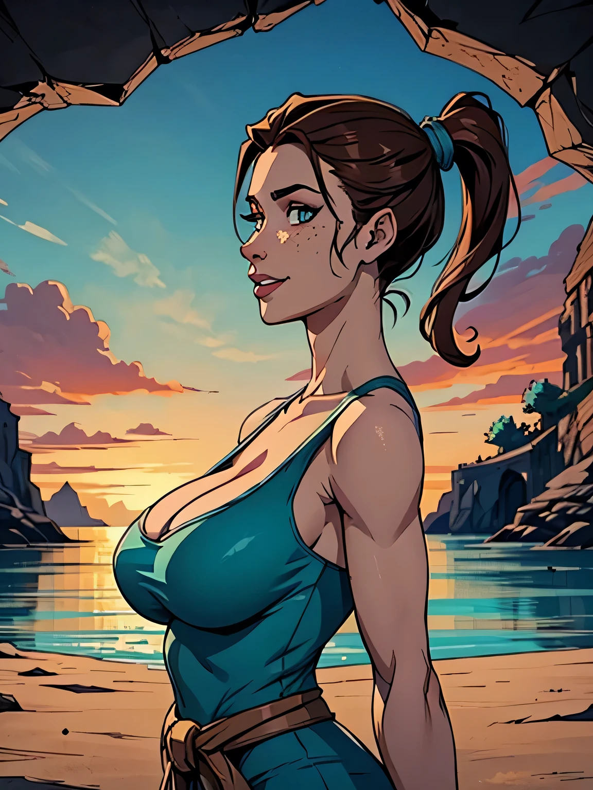 Melhor qualidade, obra de arte, (realista: 1.2) Close up of a thin and athletic woman (Lara Croft), 25 anos, 16k (( high definition )), sorriso misterioso, olhar sedutor ((looking at the spectator)), olhos marrons, wearing a fitted teal regatta (( decote em v, sem mangas )), cintura fina, She wears a brown belt, arms on the sides of her body, pele morena, cabelo castanho (( with a braided ponytail )), She's alone in a cave (( upper body, From head to waist , side view 1 .4)), with freckles on her neck and breasts, (( large, round breasts 1.4)), (( Well defined collarbone)). estilo cartoon (( QG )), cave and sunset in the background.