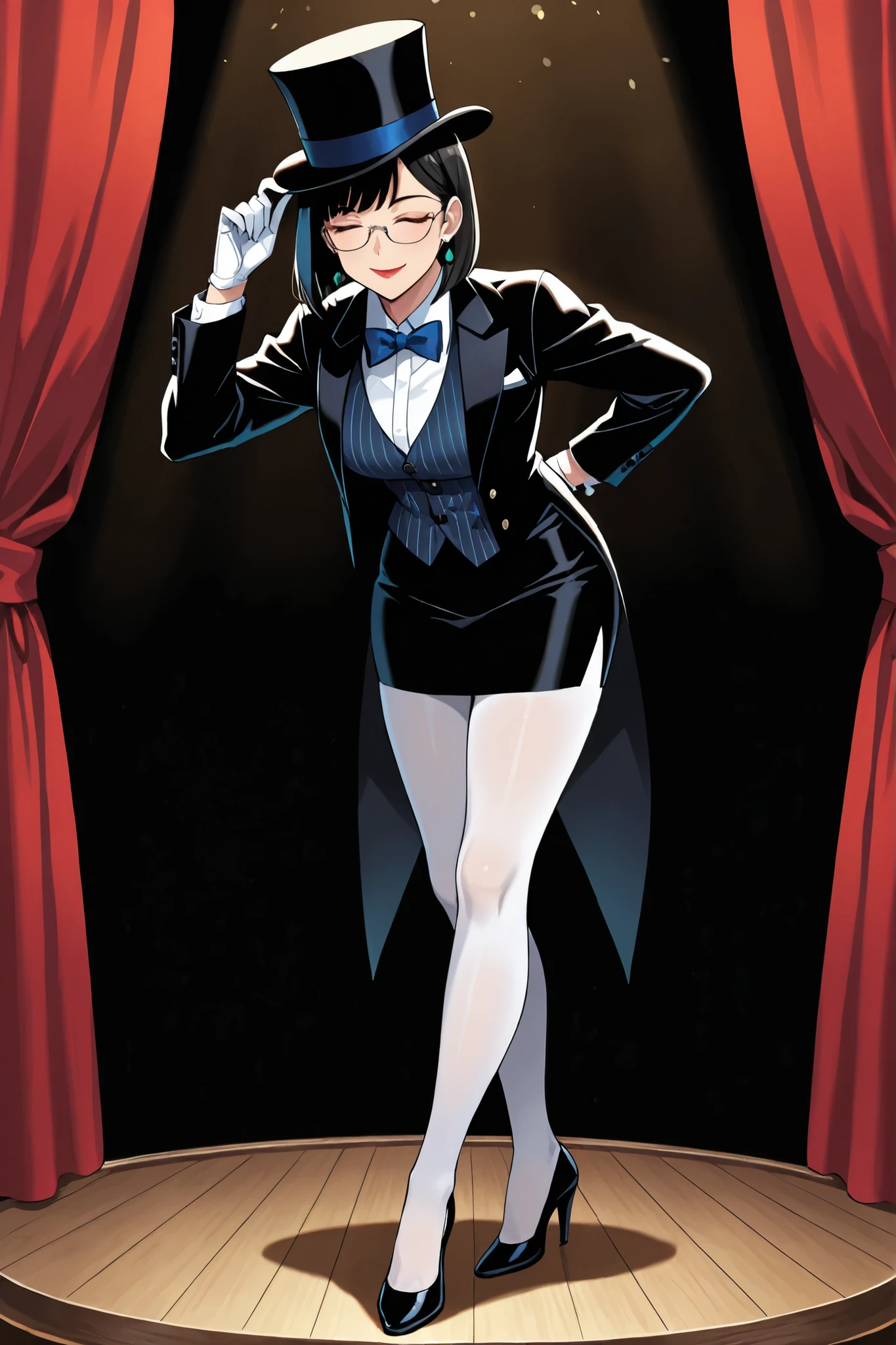 (masterpiece, vibrant colors), solo, 1girl, (adult woman in their early thirties), black hair, short hair, bob cut, earrings, brown eyes, glasses, beautiful body, sleek legs, lipstick, (large black silk top hat, snug fit), white shirt, black tailcoat, blue pinstripe vest under tailcoat, blue bowtie, black thigh-high miniskirt, black high heels, white pantyhose, white gloves, (smiling, confident, ladylike, serene)), (dapper, magician),standing on a wooden stage, red curtains , black background, (glamorous pose), butler bowing, facing the viewer, holding out hat, broadway vibes, full body, (eyes closed)