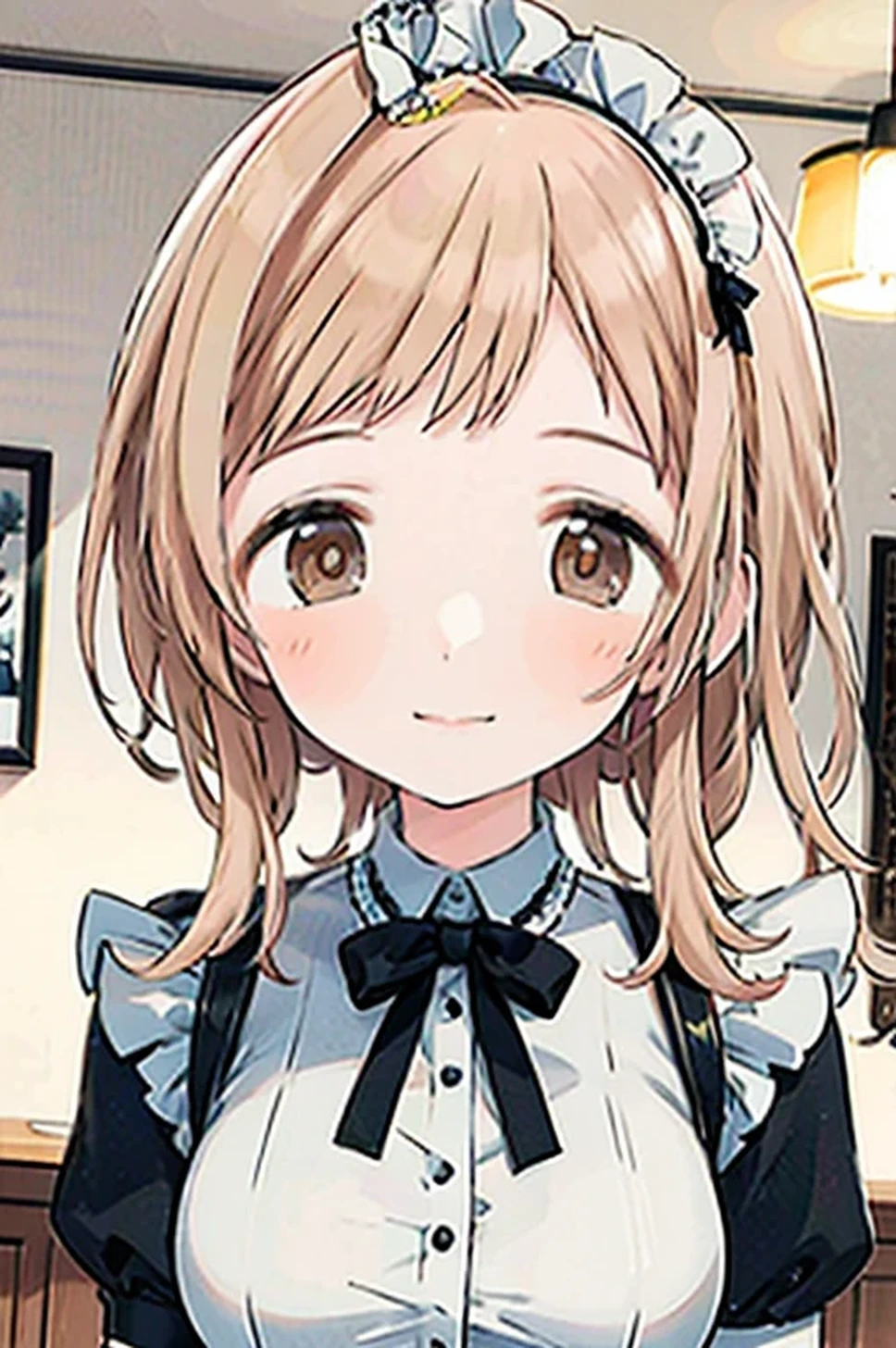 sakuragi mano,  ((mega boobs)),  smile, 　  fluffy ,　 healing,  the best quality, masterpiece, ultra detailed illustration blush, light brown hair, hairstyle with curls facing out,   symmetrical left-right fashion,  　(detailed eyes:1.3), (feature three reflections in the eyes:1.3), (light brown eyes:1.3), medium hair,  maid,(maid heddress:1.2), bedroom,  bright eyes, (close up of the face), (focus on the eyes),